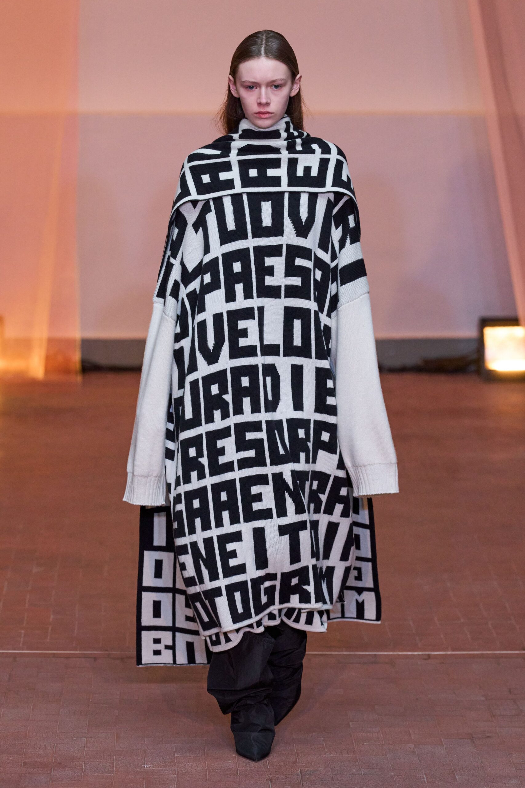 black wool long-sleeve oversized printed poncho