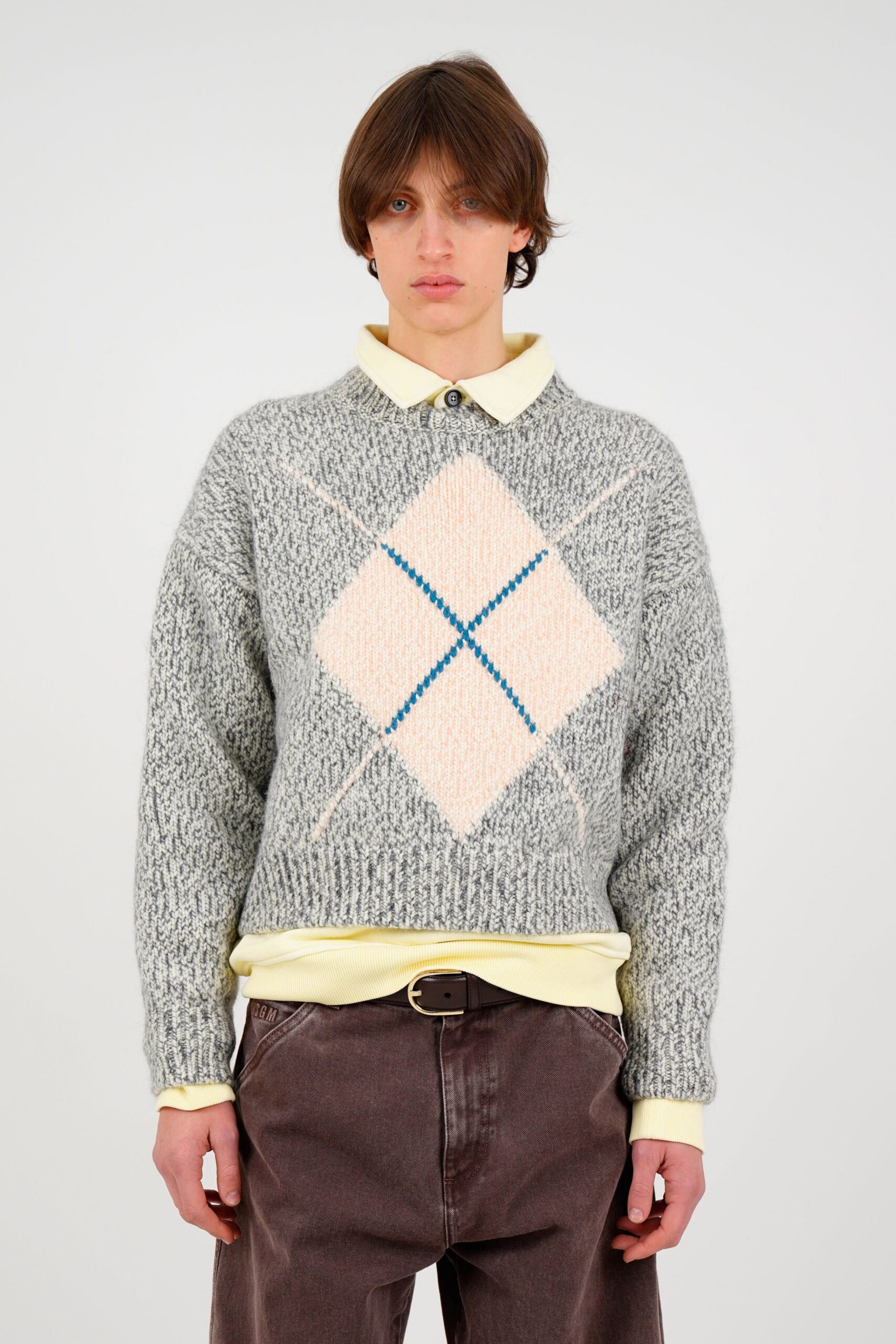 gray wool sweater with diamond pattern