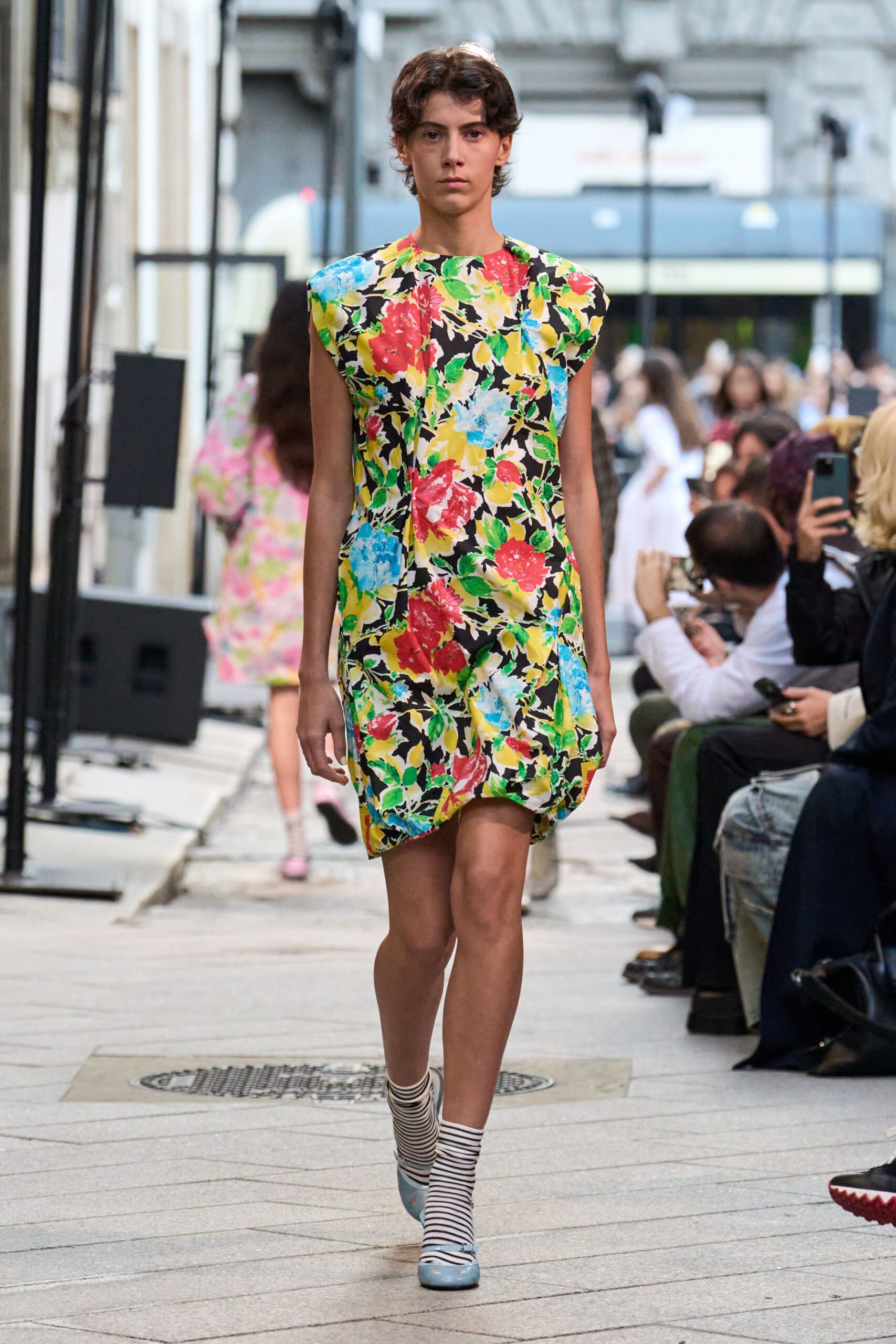 multi sleeveless high-neck relaxed floral ruffled mini dress