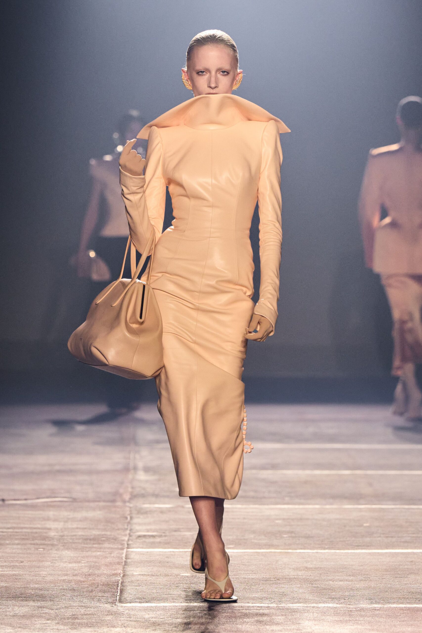 beige leather long-sleeve high-neck fitted pencil midi dress