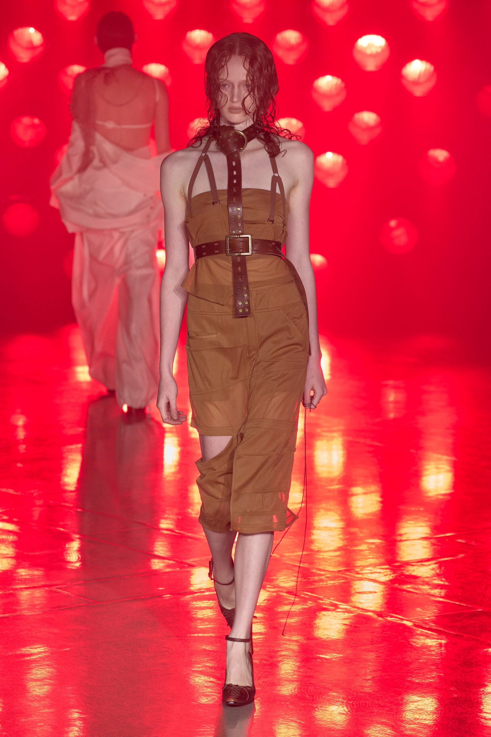 brown cotton sleeveless high-neck fitted zippered belted dress