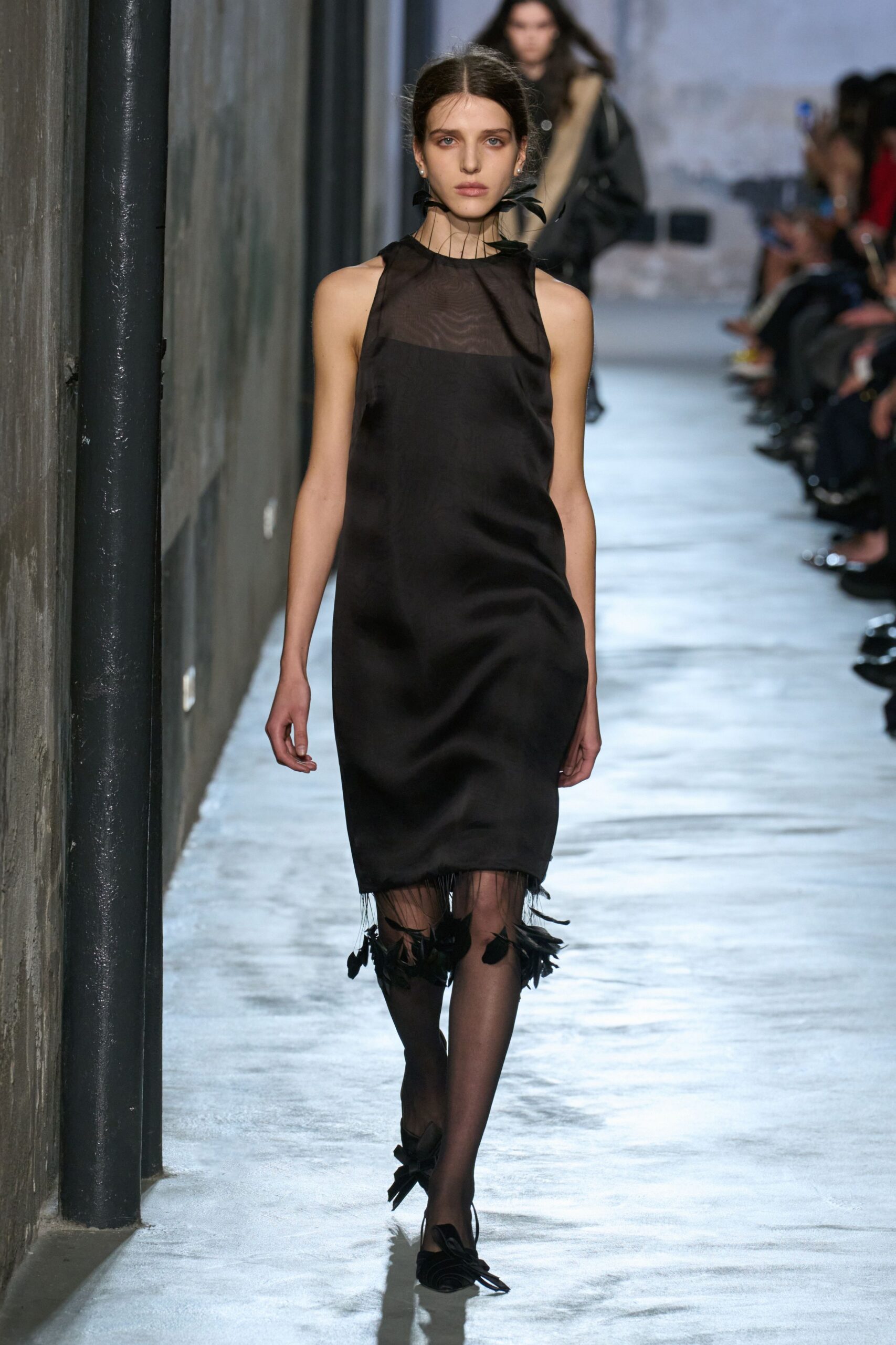 black silk sleeveless v-neck fitted ruffled tiered dress