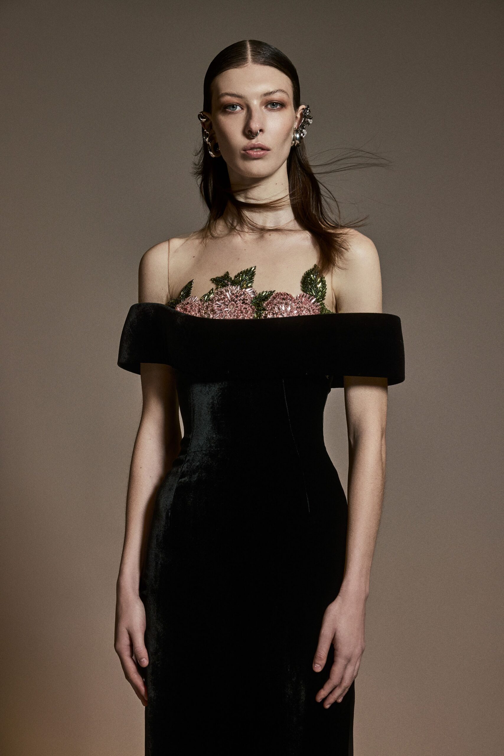 black velvet off-shoulder gown