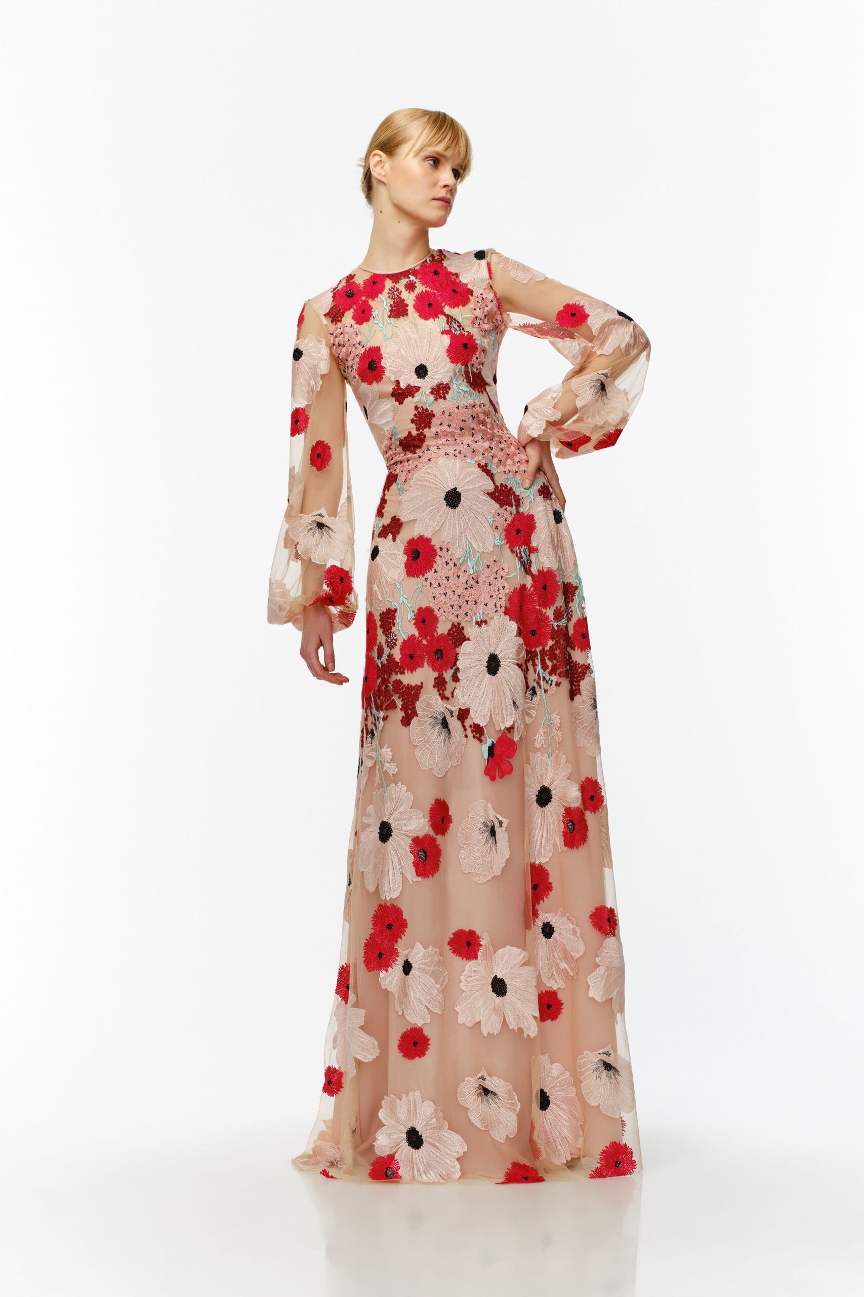 beige floral embroidered gown