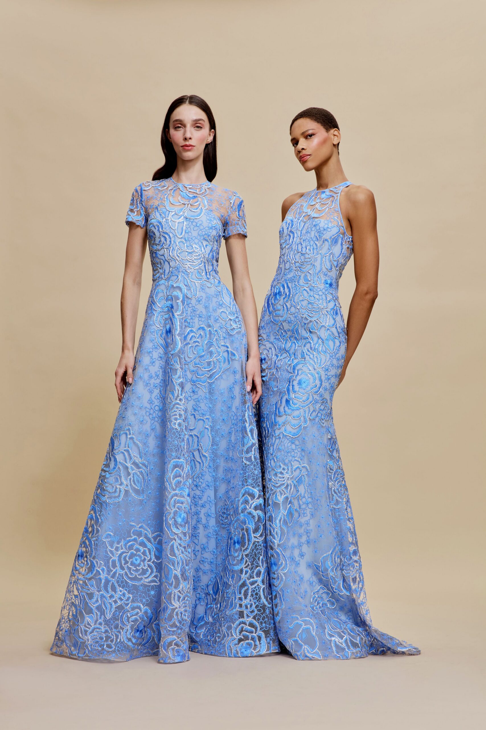 blue lace short-sleeve high-neck fitted embroidered flared gown