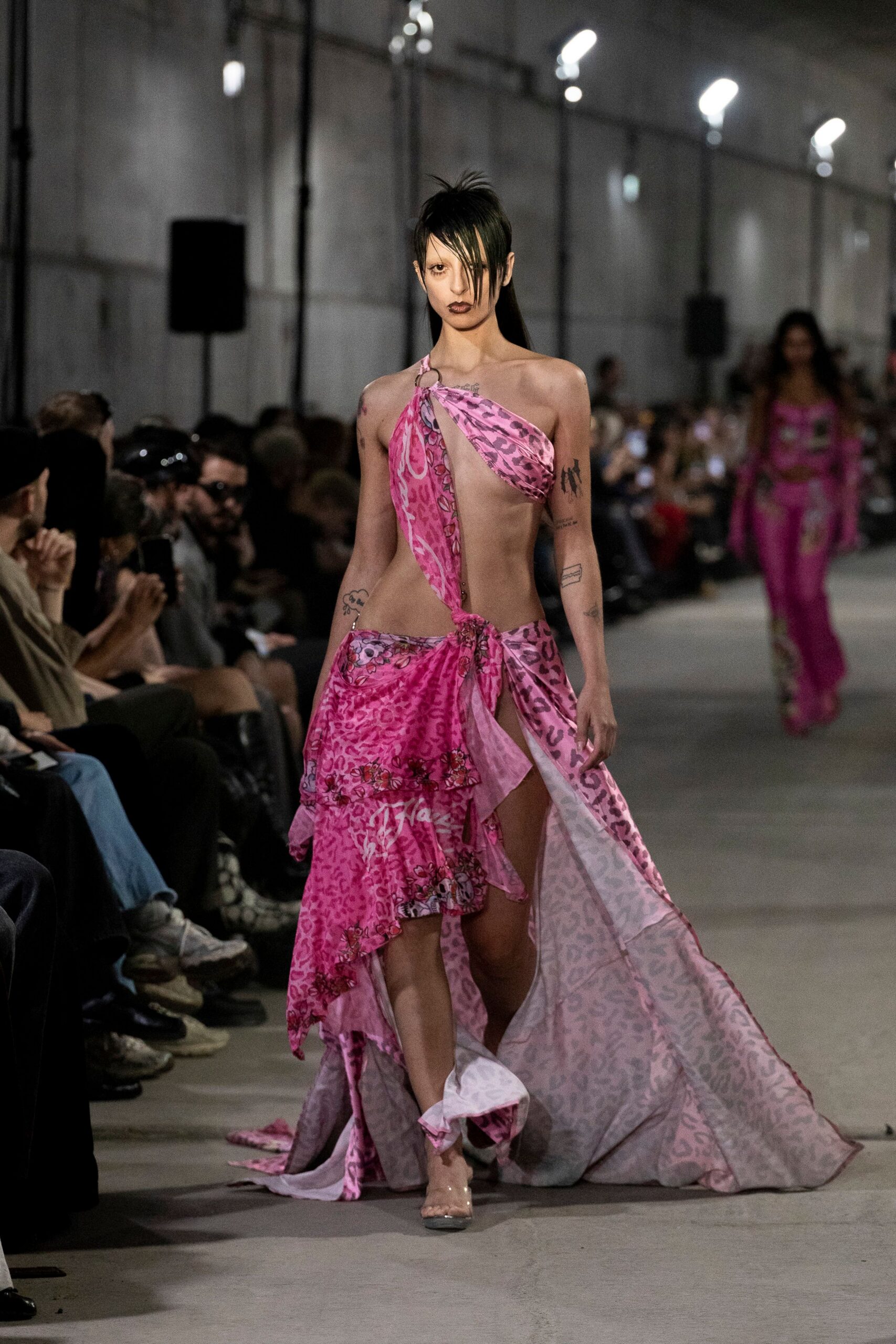 pink silk sleeveless halter fitted flared layered dress