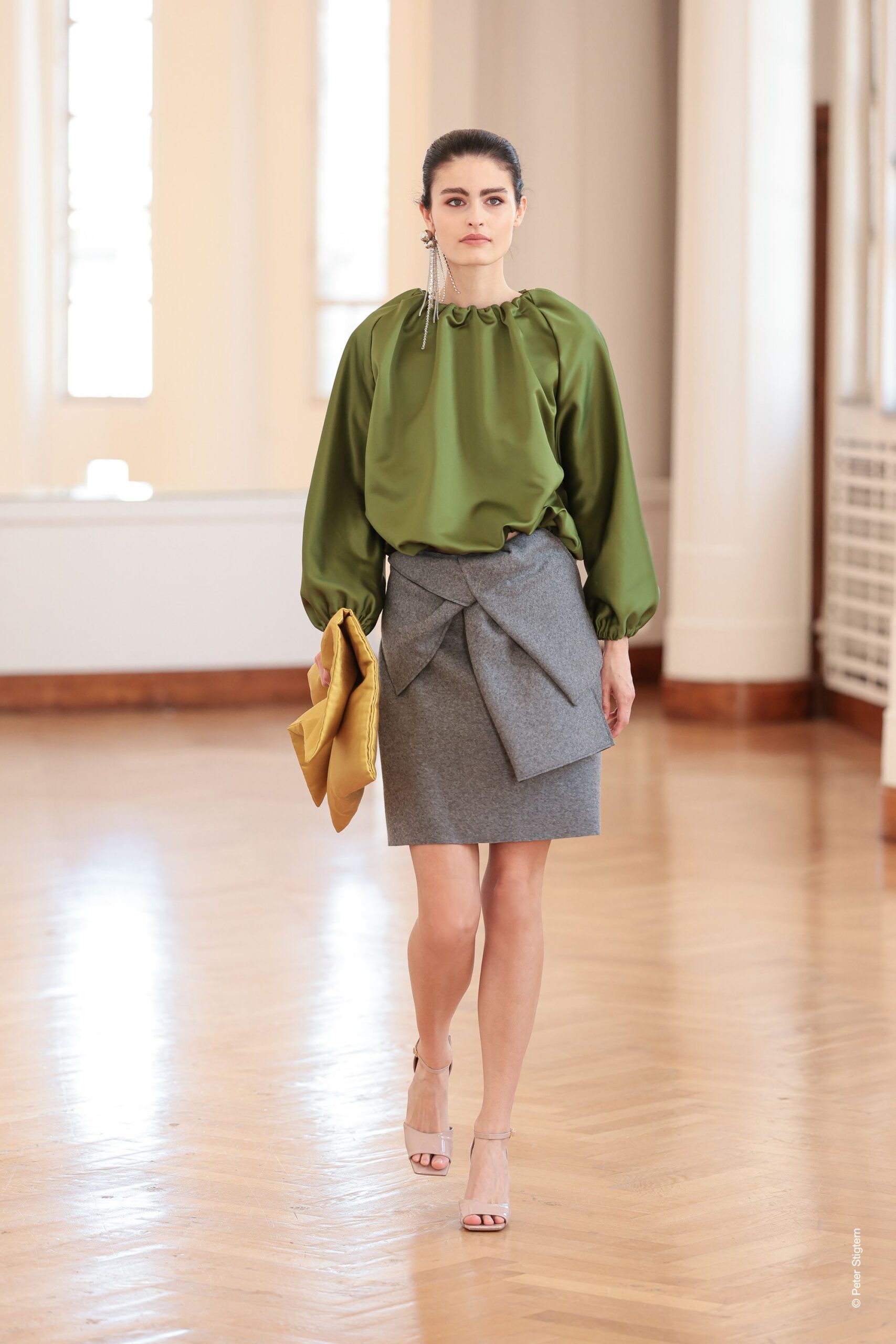 gray wool asymmetric fitted belted skirt