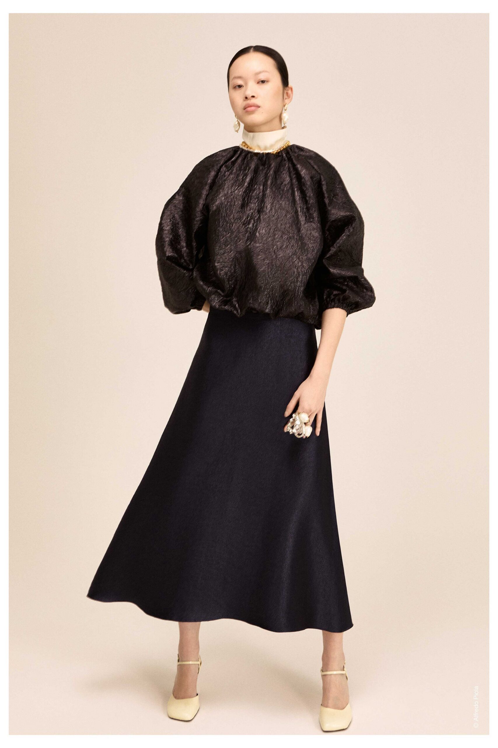 black silk long-sleeve high-neck relaxed pleated top