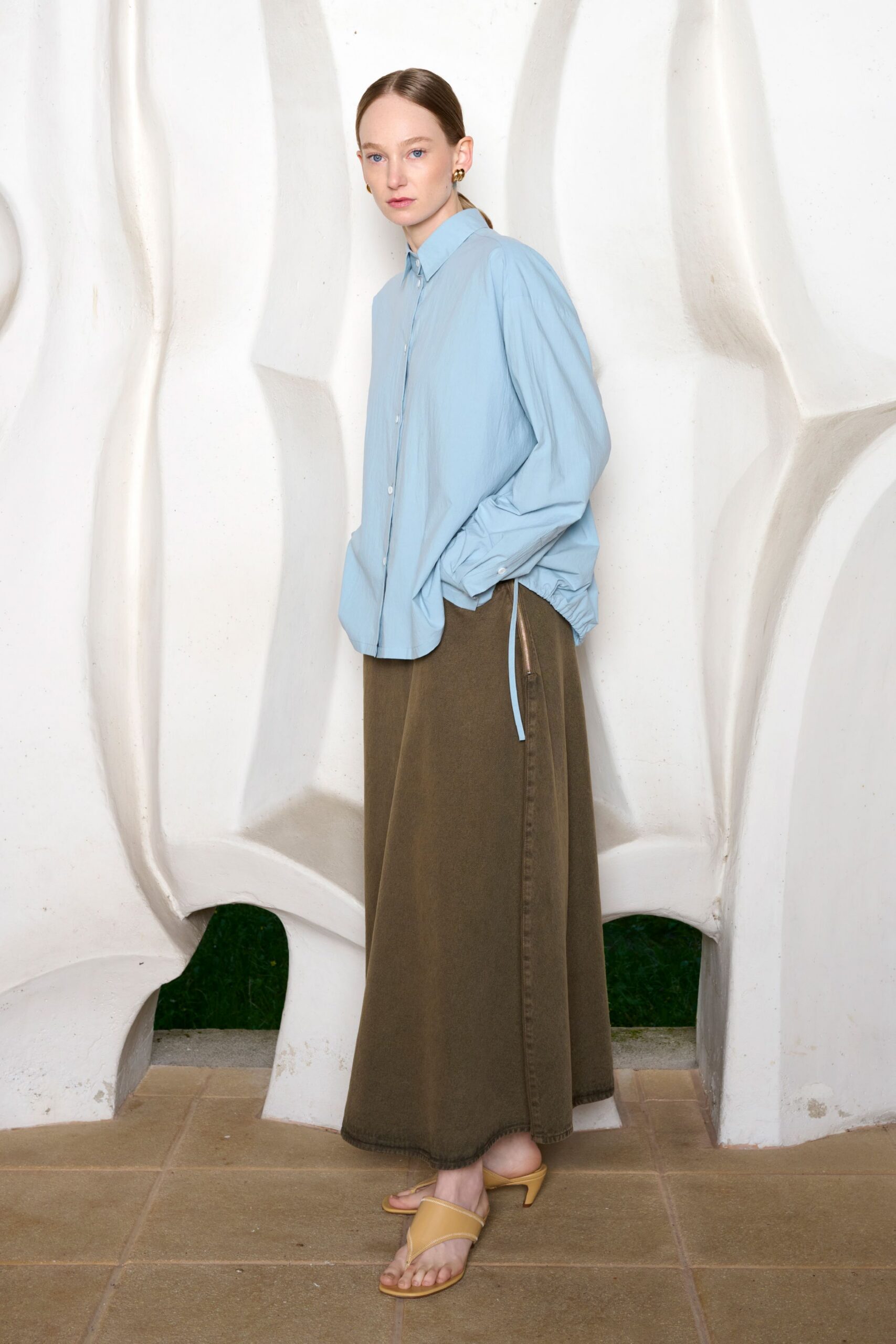 green denim slit fitted high-waisted maxi skirt
