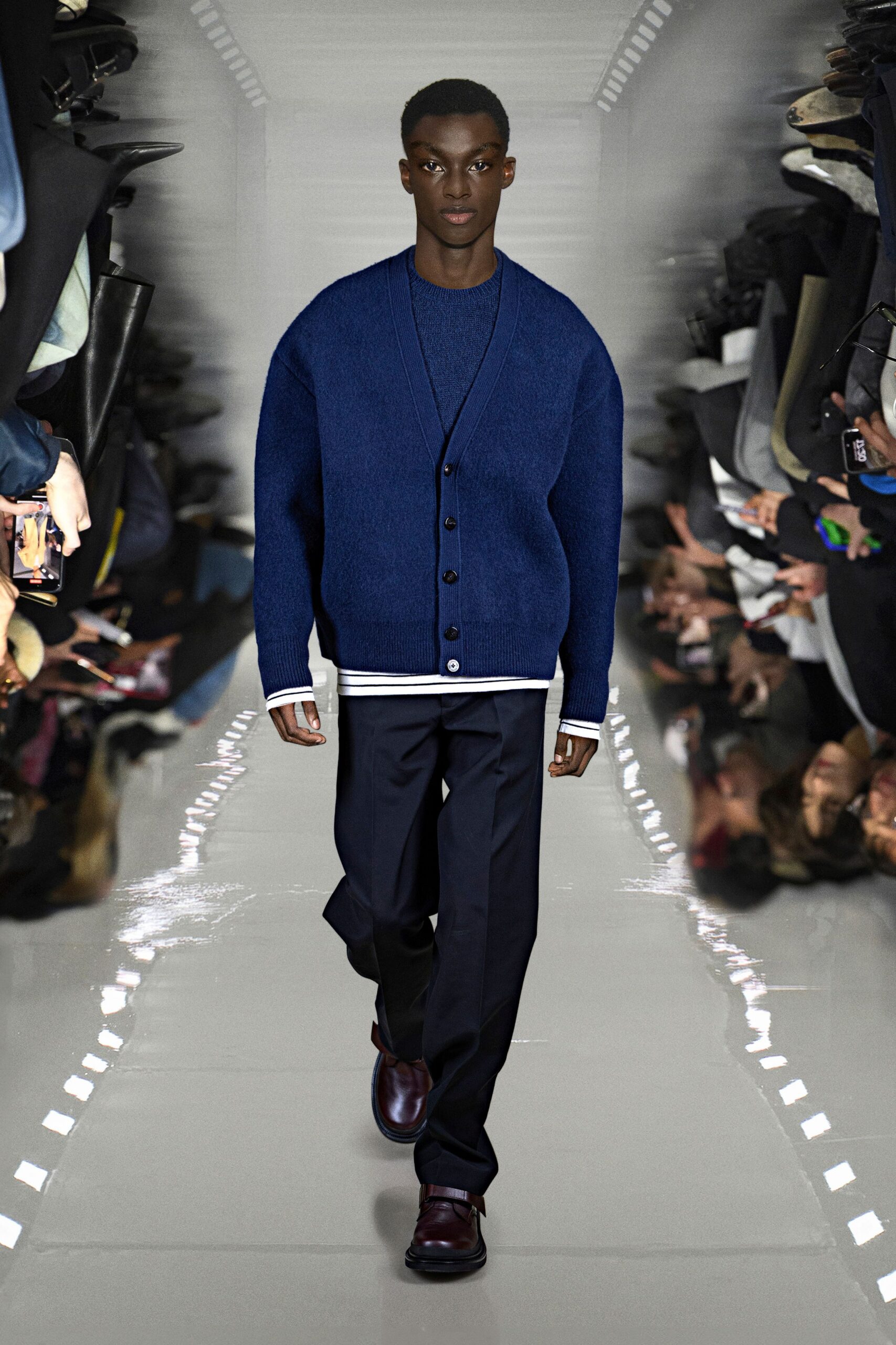 blue wool cardigan with tailored pants
