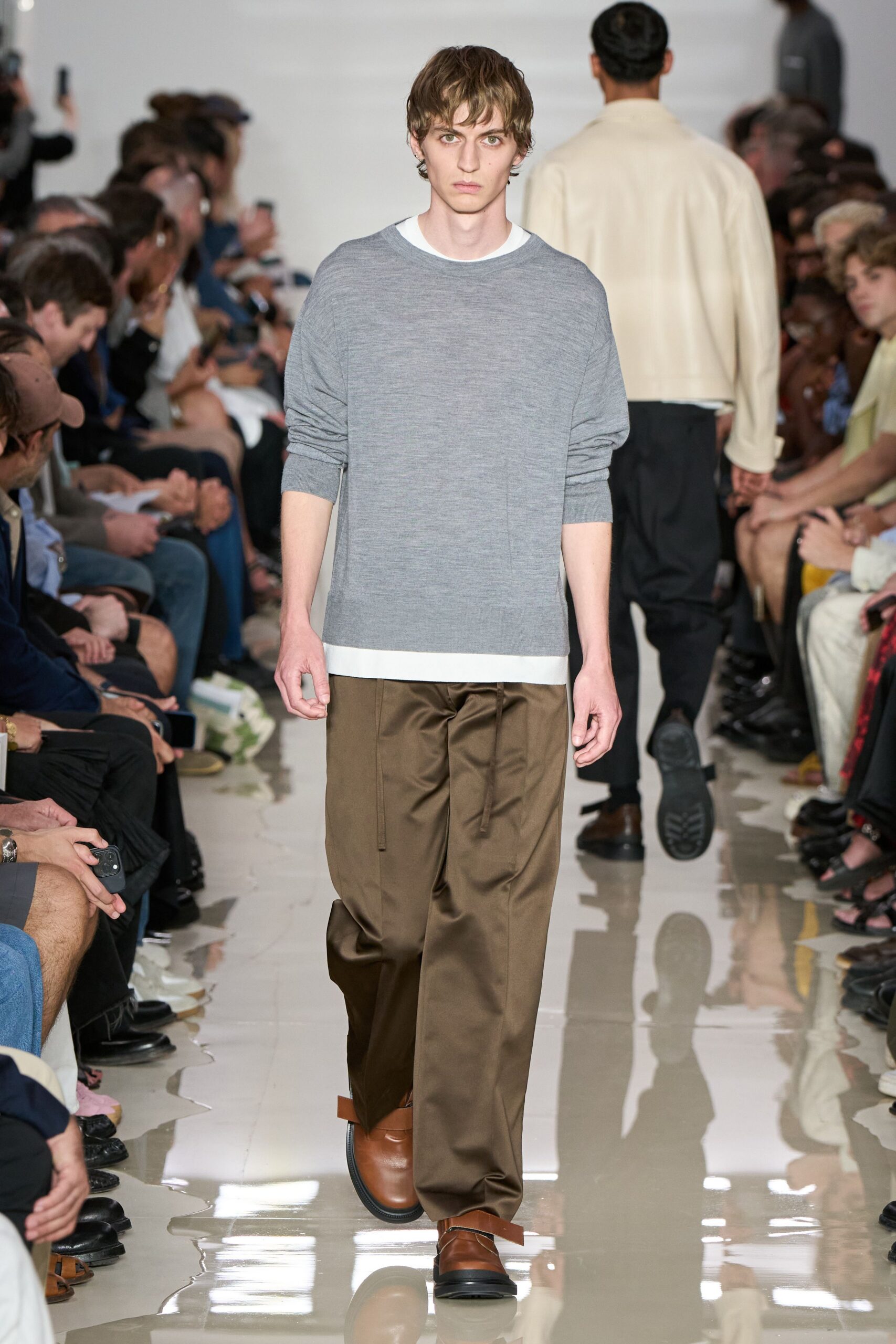 gray relaxed sweater brown pants