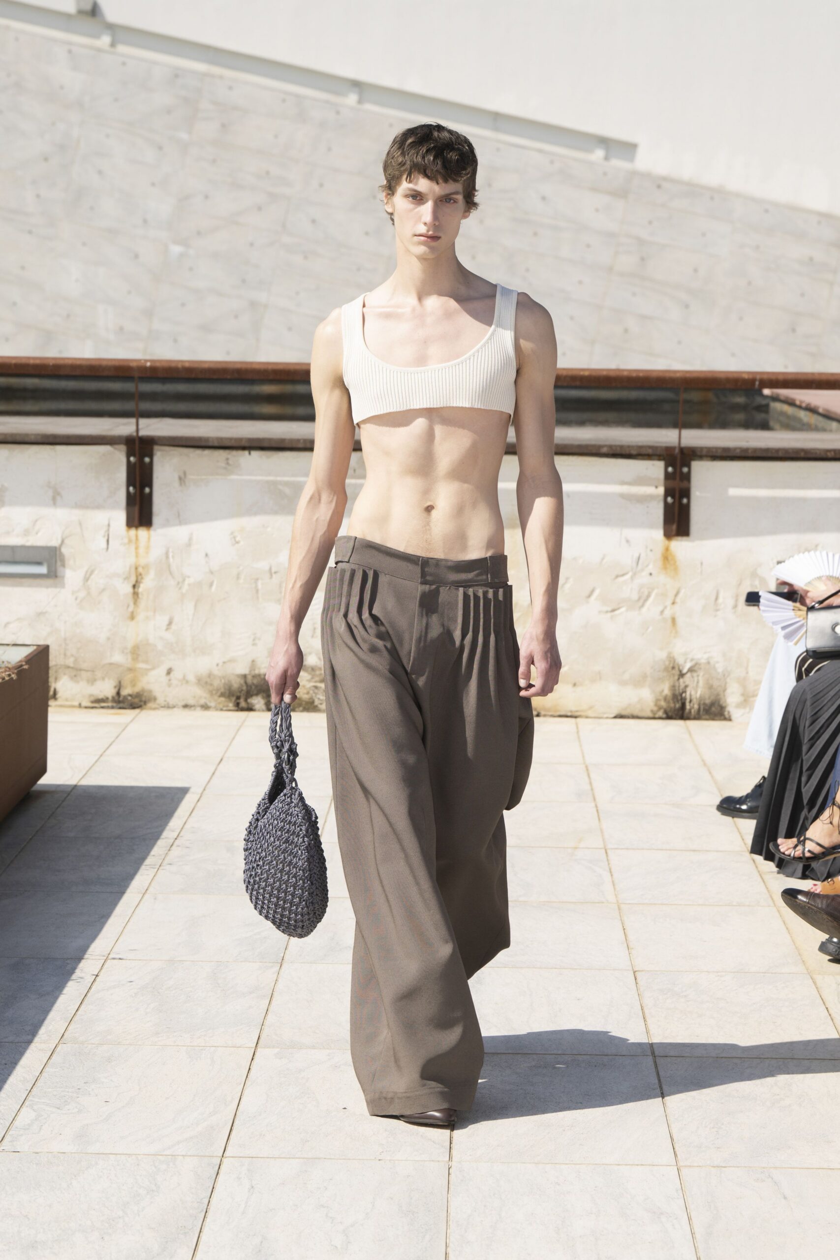 beige fitted top with brown relaxed pants