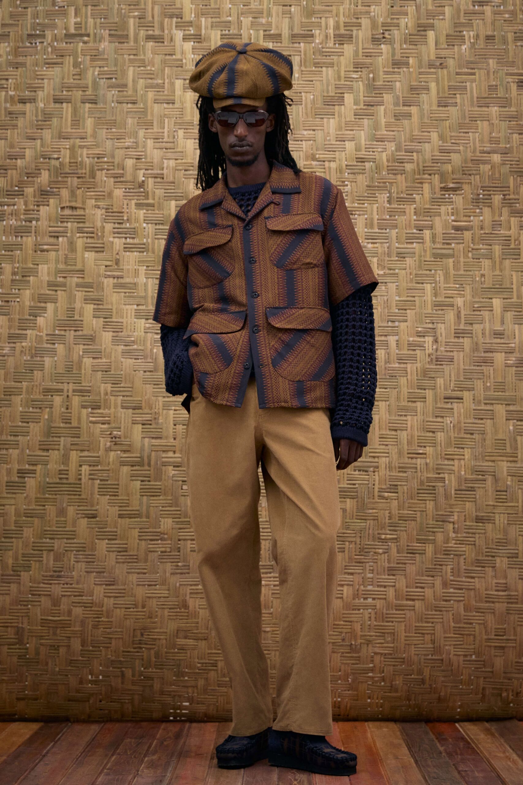 brown cotton short-sleeve collared relaxed checked buttoned shirt