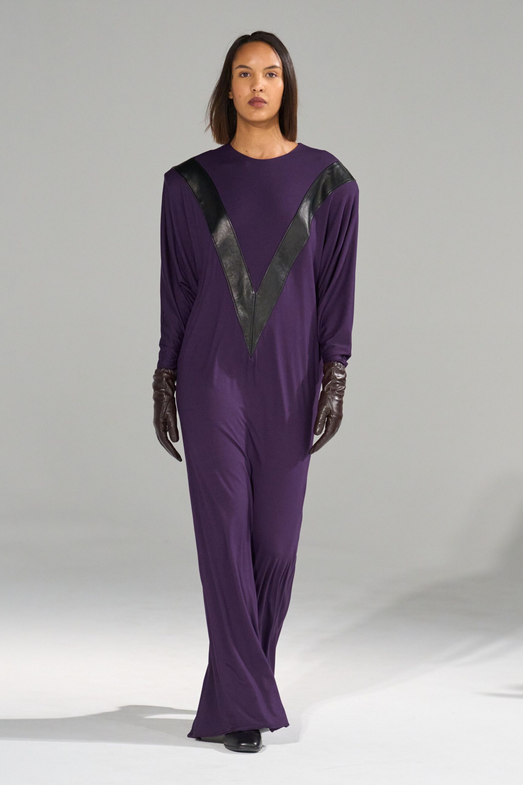 purple cotton long-sleeve v-neck fitted draped jumpsuit