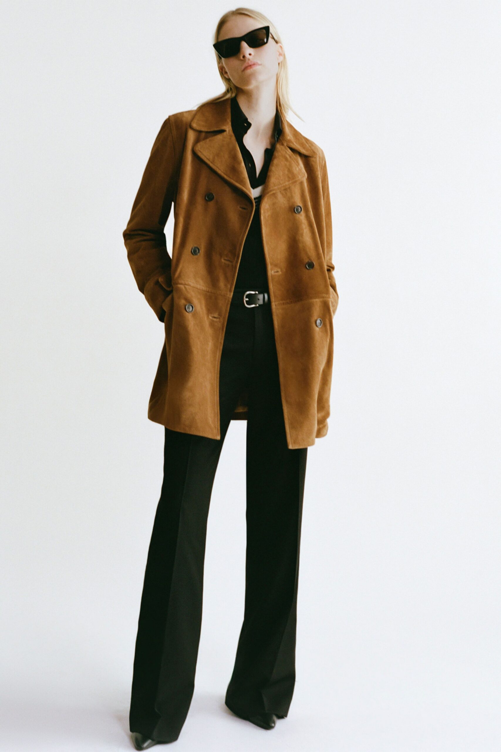 brown suede long-sleeve collared structured coat