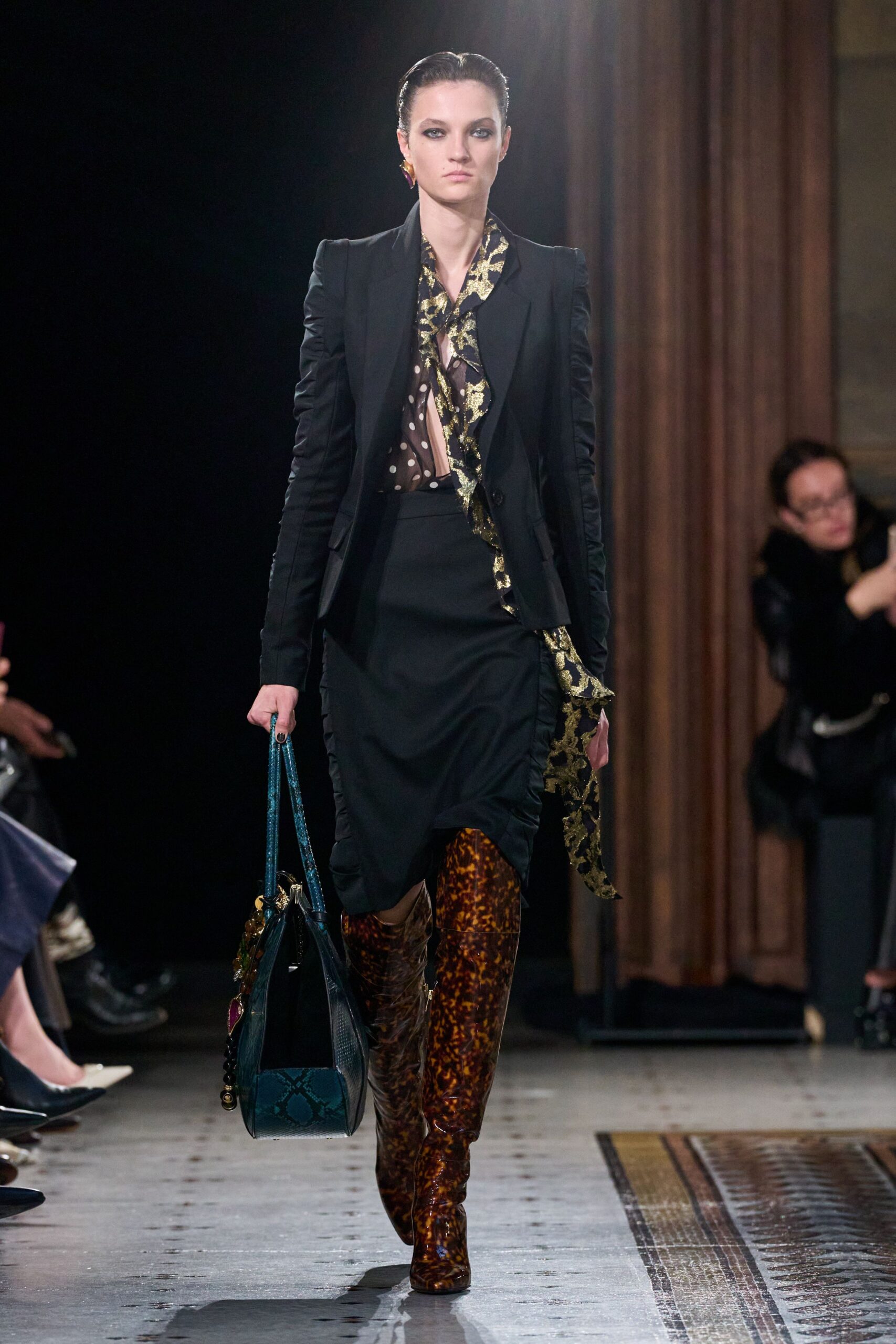 black silk long-sleeve collared structured buttoned blazer