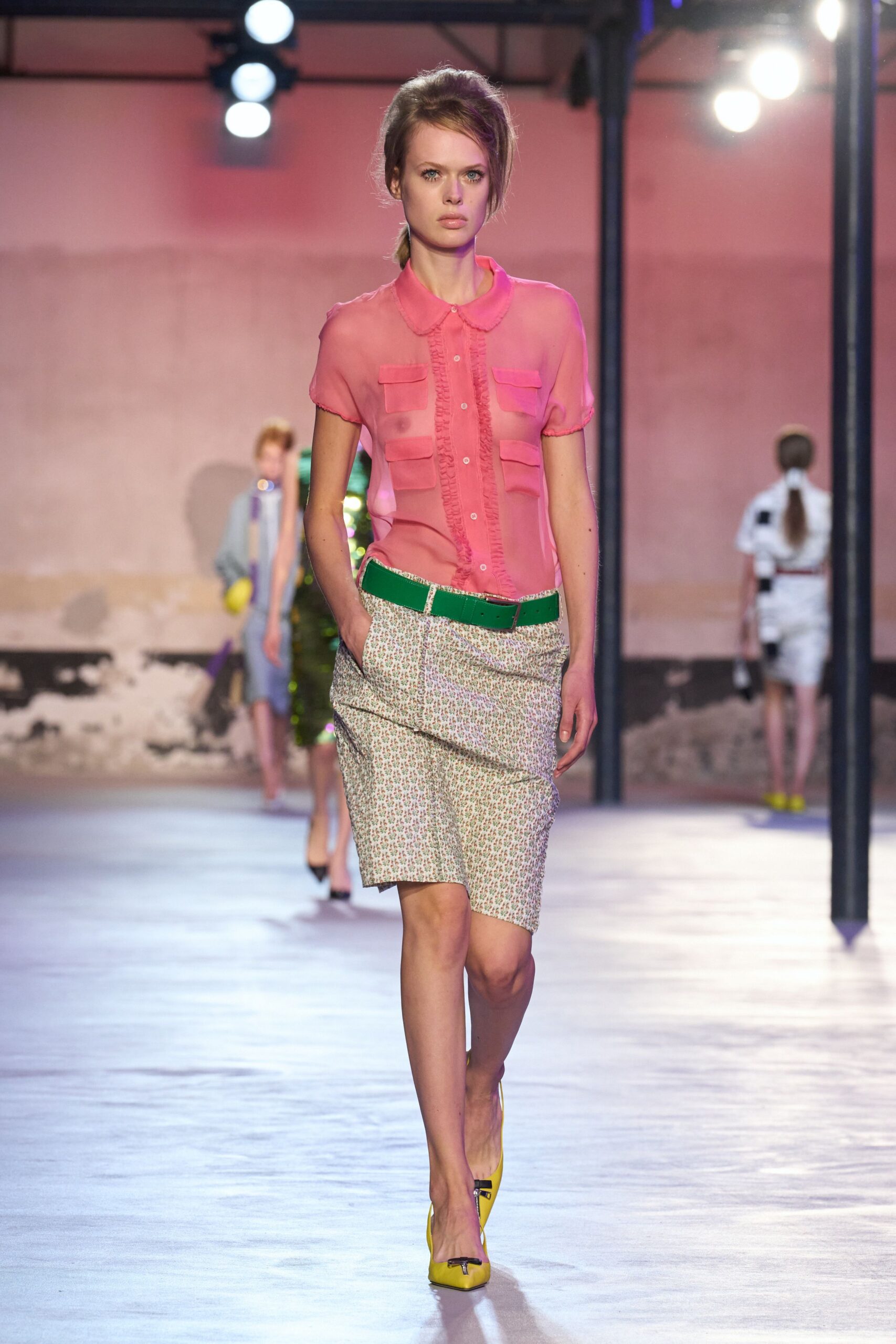 pink fitted shirt with pencil skirt