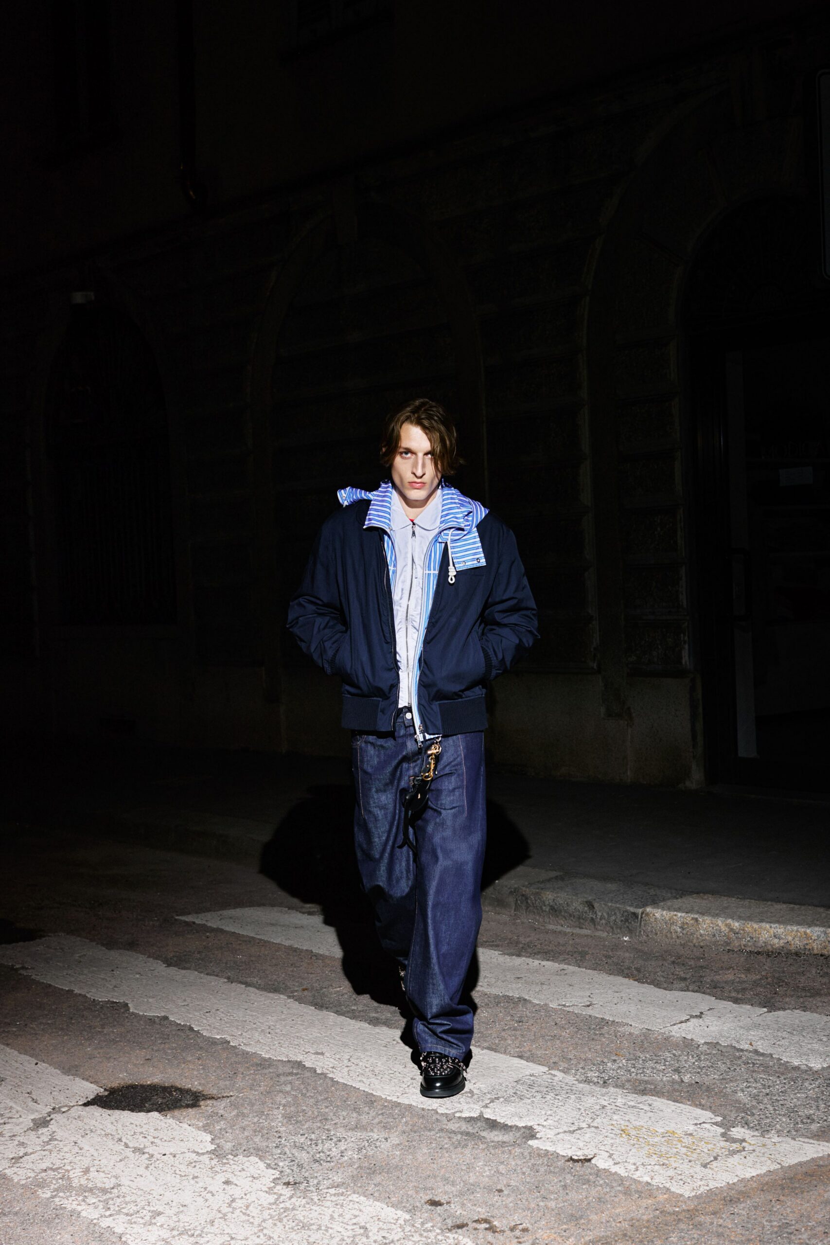 navy jacket with light blue shirt