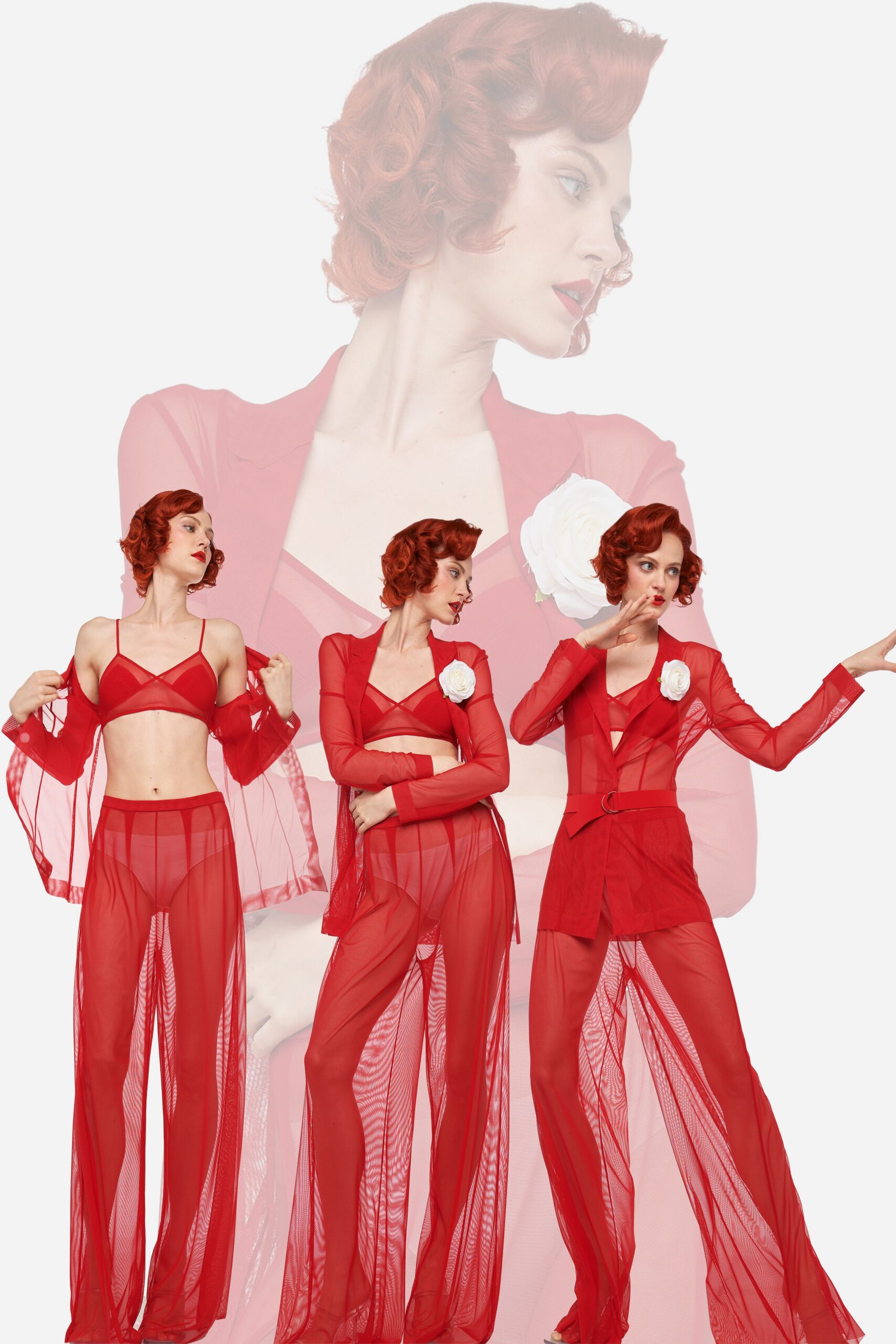 red silk long-sleeve collared fitted buttoned sheer jacket