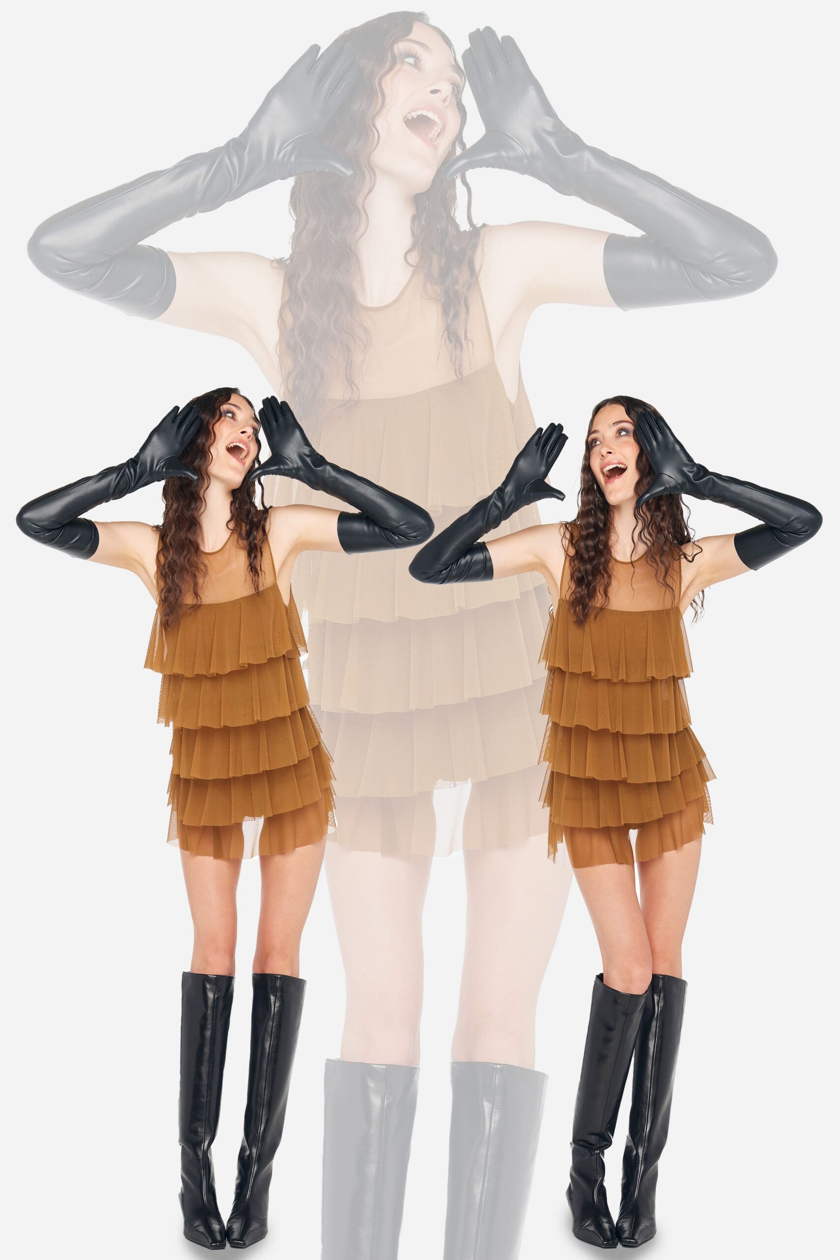 brown tiered mini dress with black accessories
