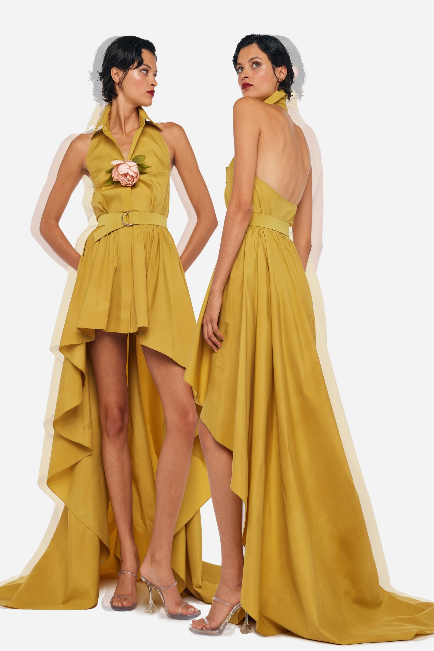 yellow silk sleeveless high-neck fitted draped tiered dress