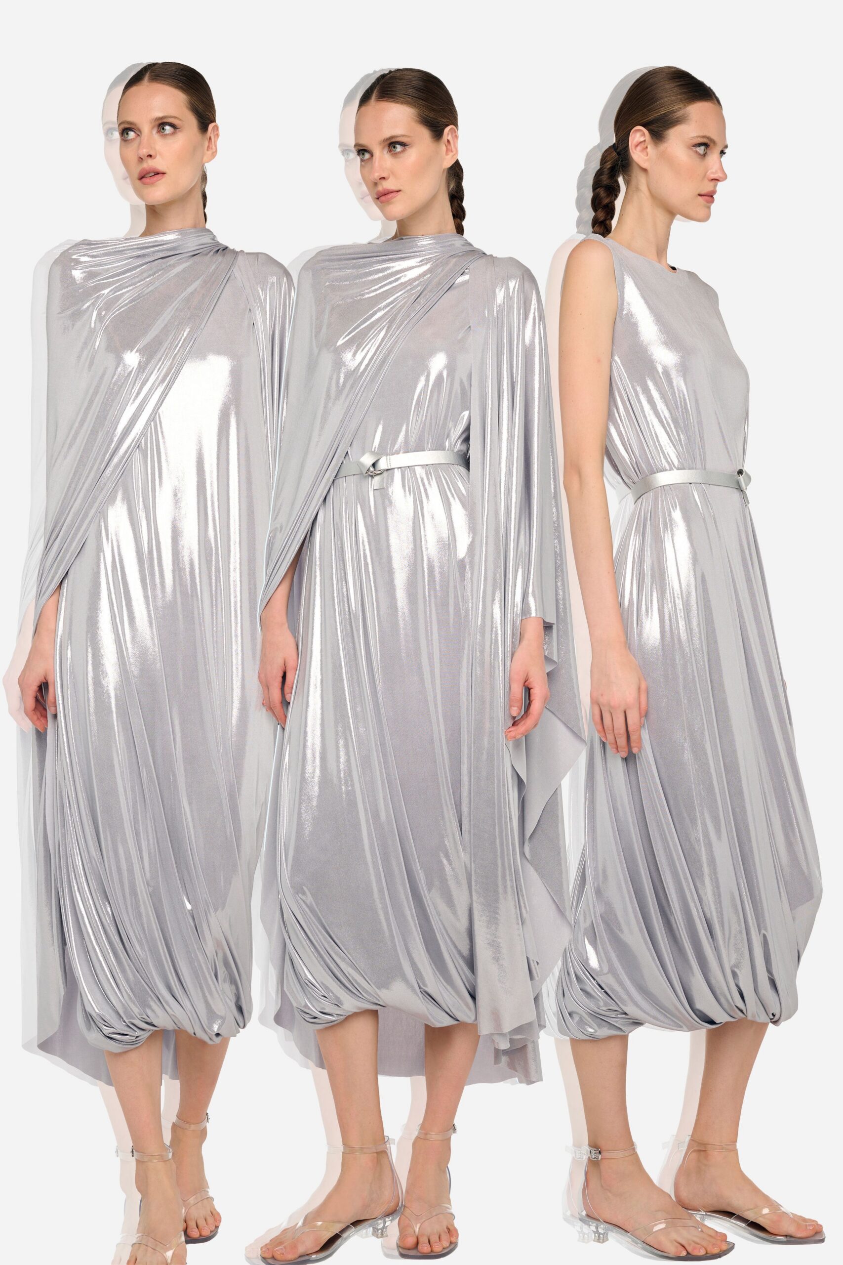 silver metallic draped midi dress
