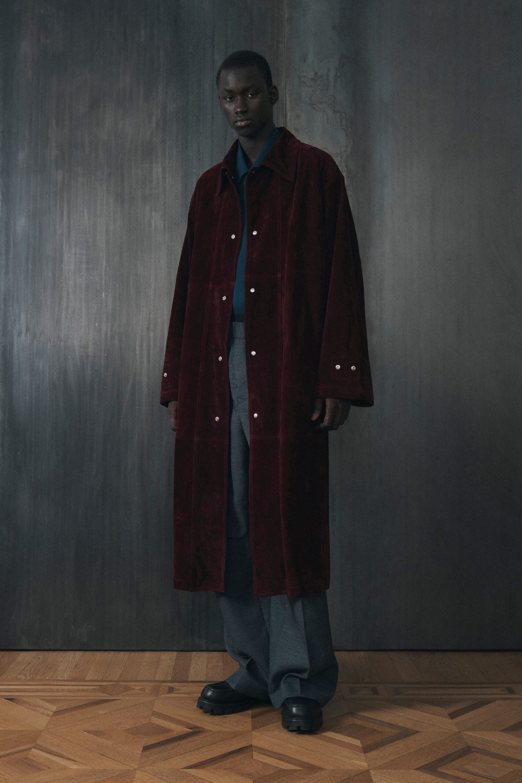 maroon velvet long-sleeve collared relaxed buttoned coat