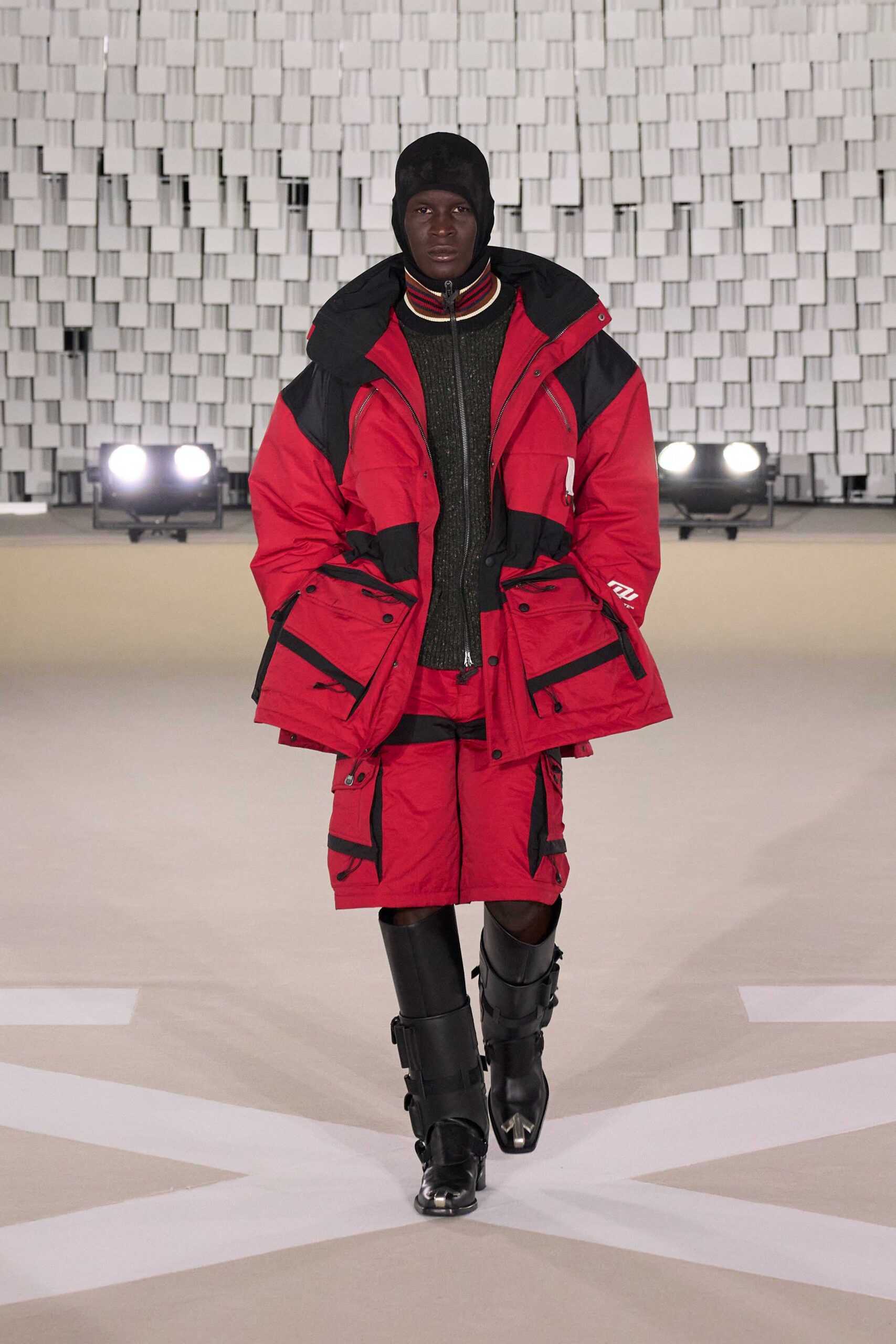 oversized red parka with green sweater