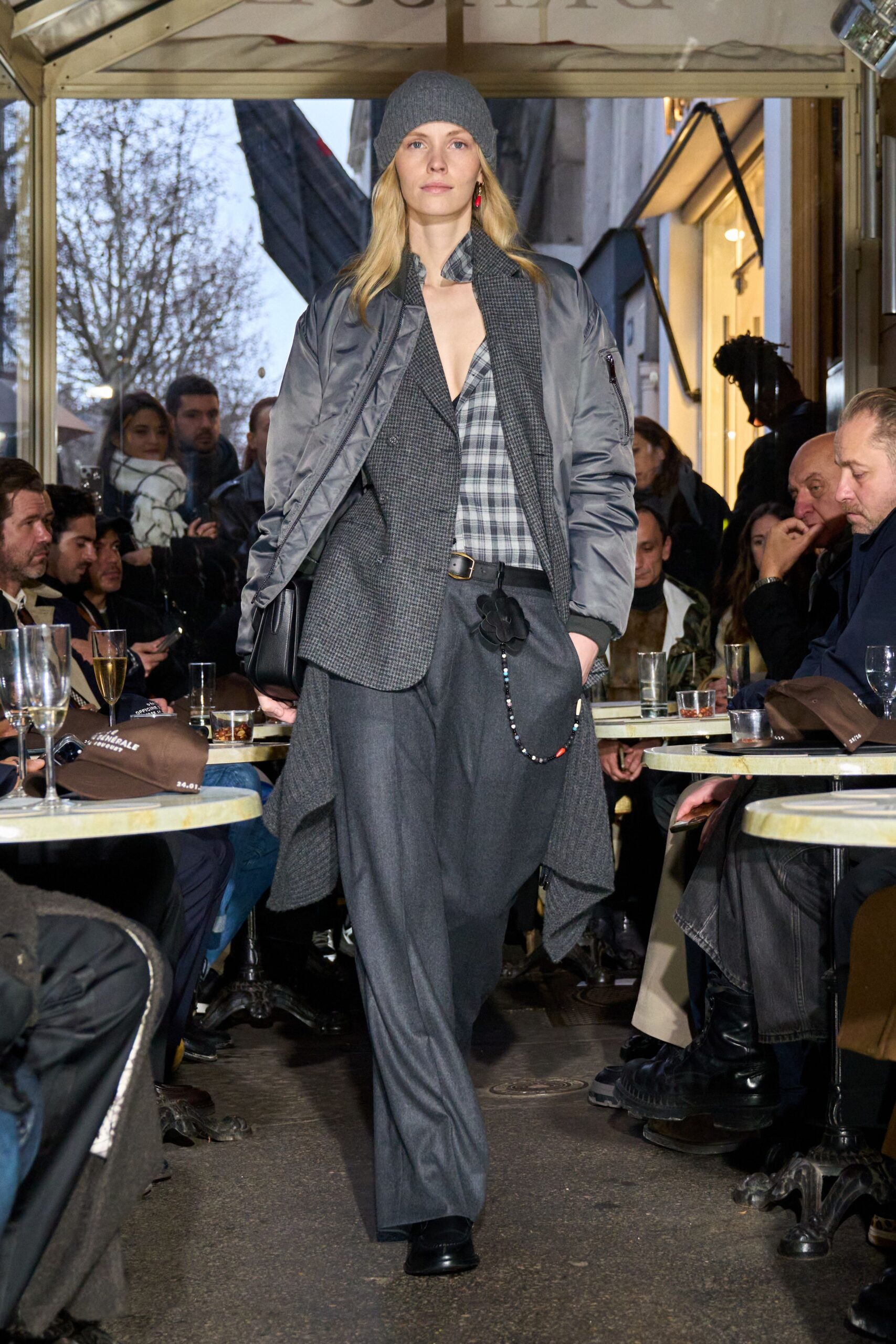 gray silk long-sleeve collared relaxed zippered jacket