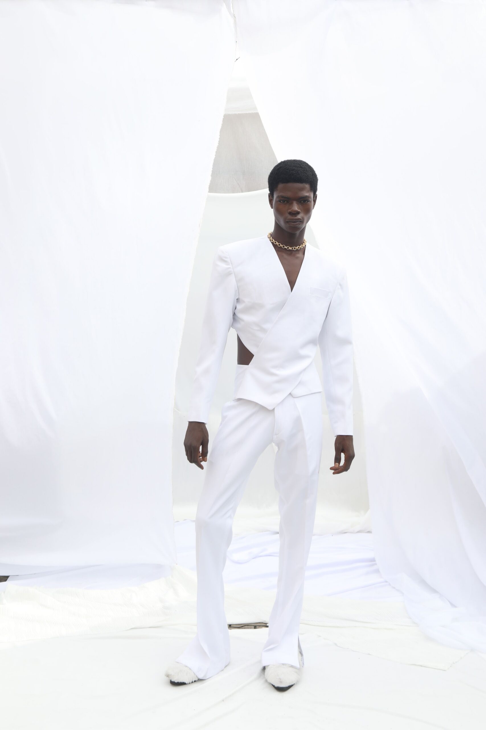white cotton long-sleeve v-neck tailored buttoned suit