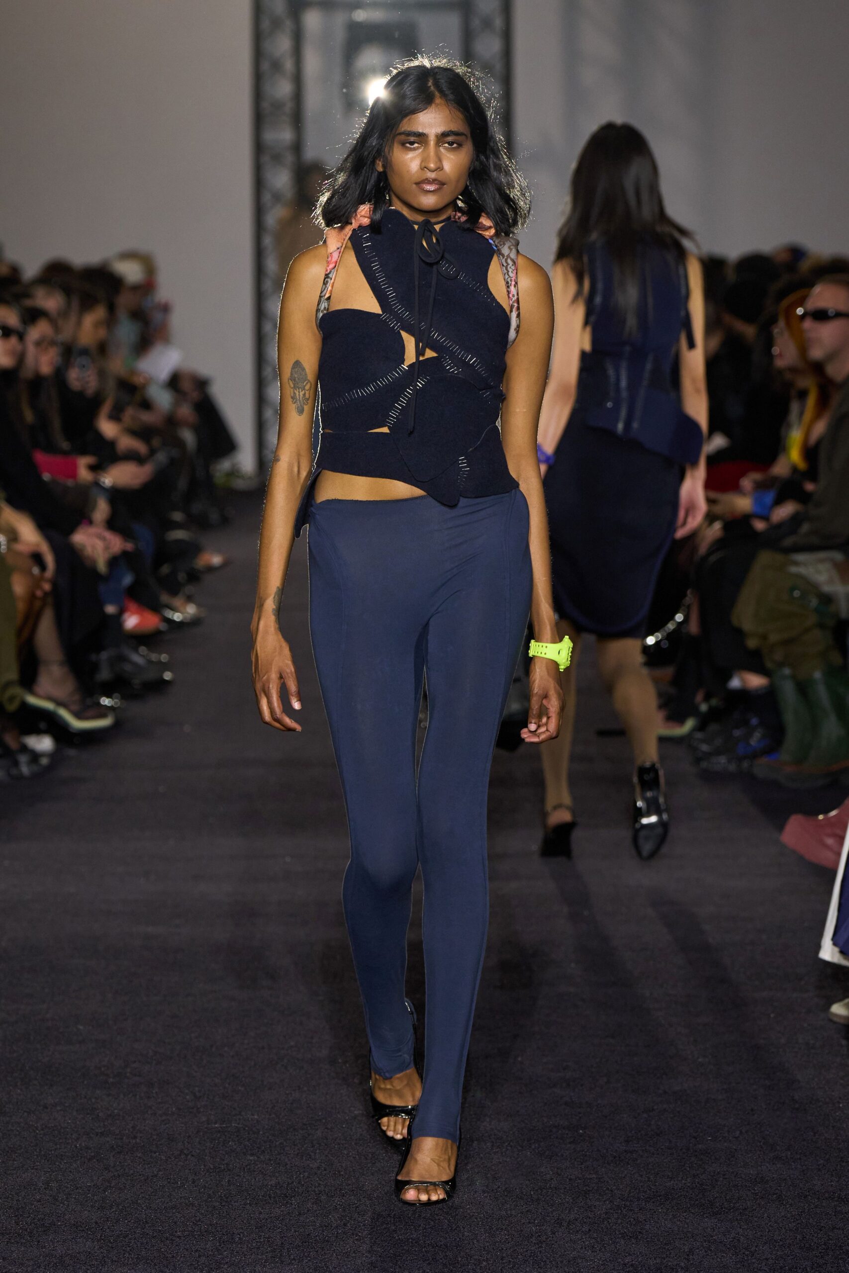 navy fitted top and pants