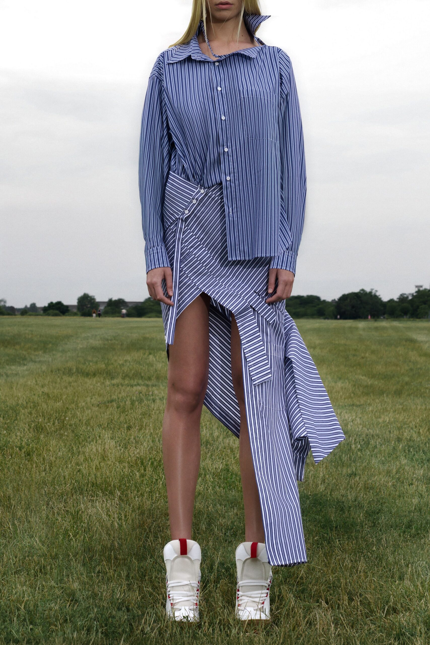 striped shirt and asymmetric skirt