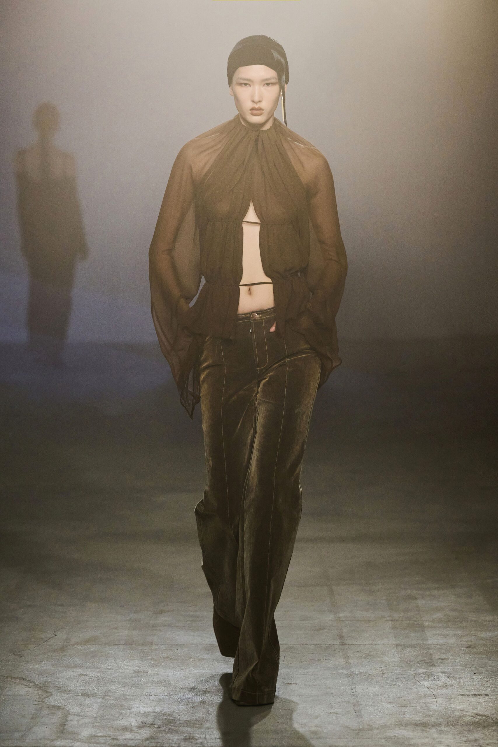 brown velvet fitted straight-leg pants