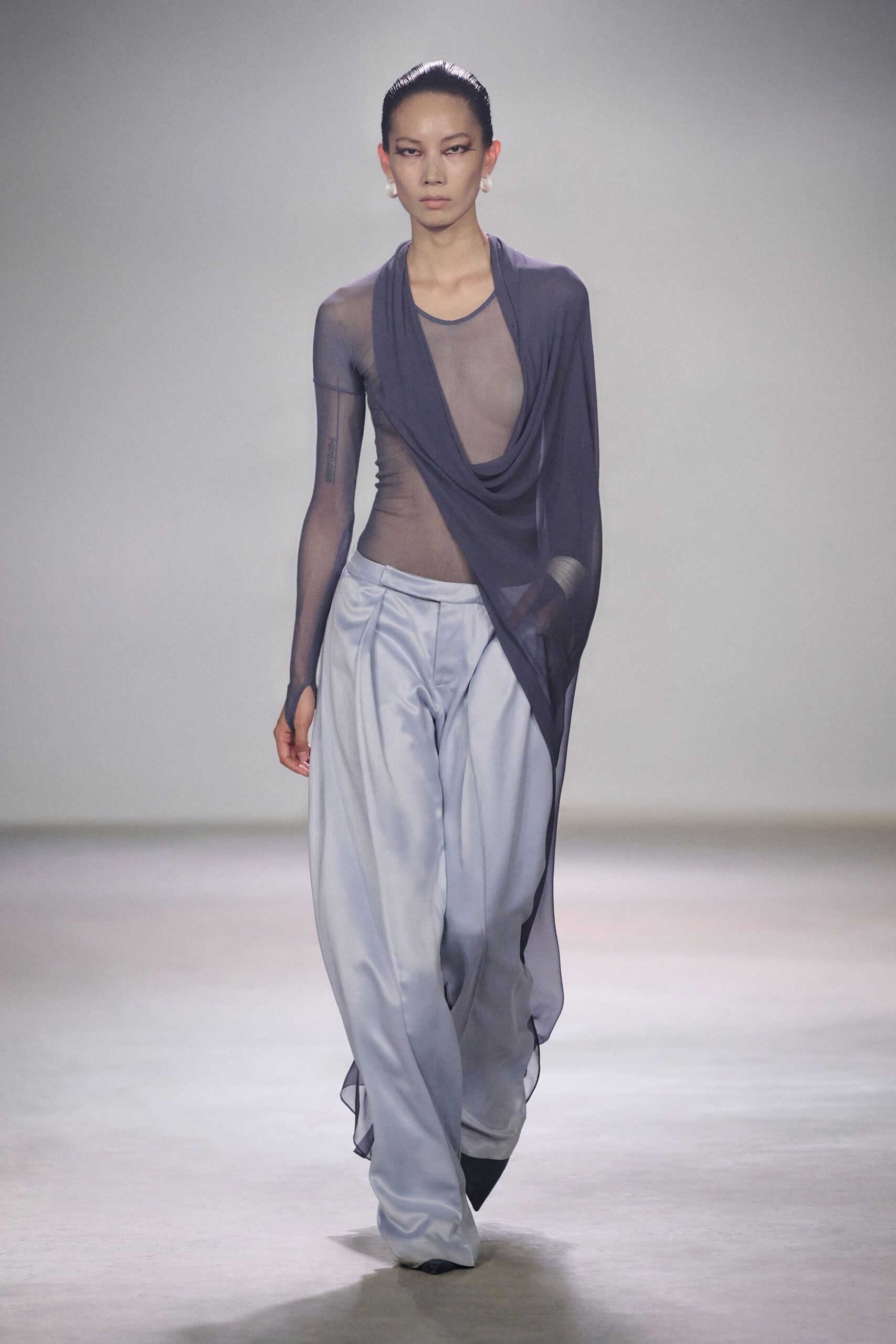 gray silk long-sleeve v-neck fitted sheer flowing top