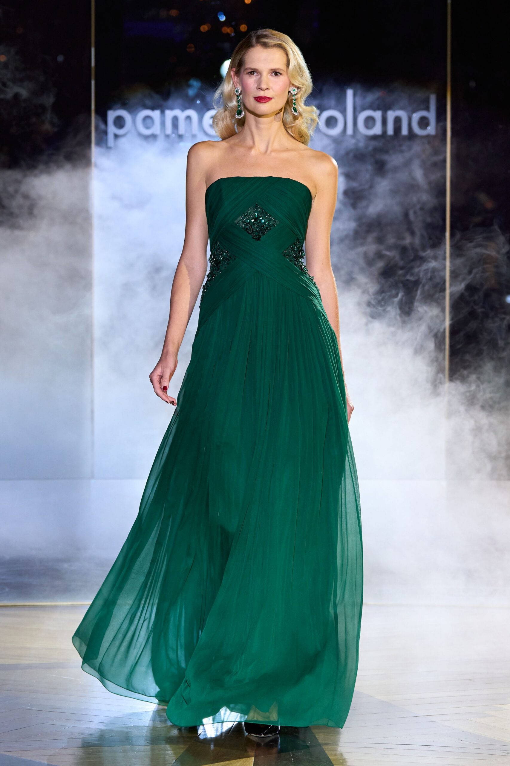 green silk strapless fitted draped flowing maxi gown