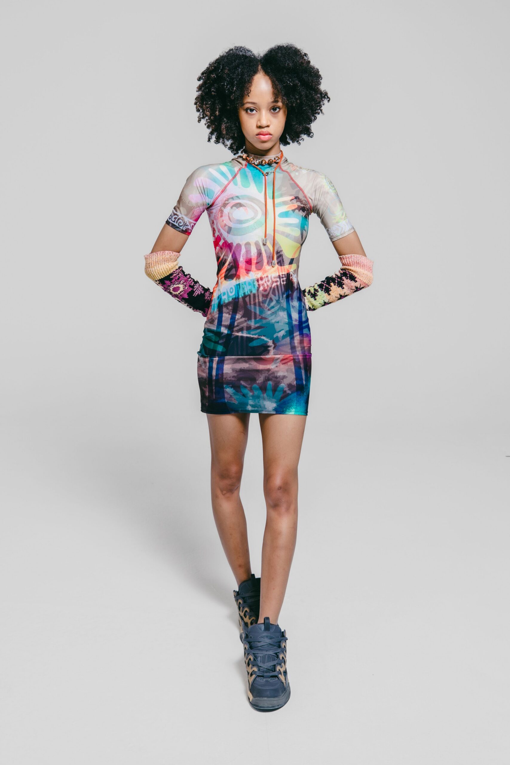 multi mesh short-sleeve high-neck fitted printed sheer dress