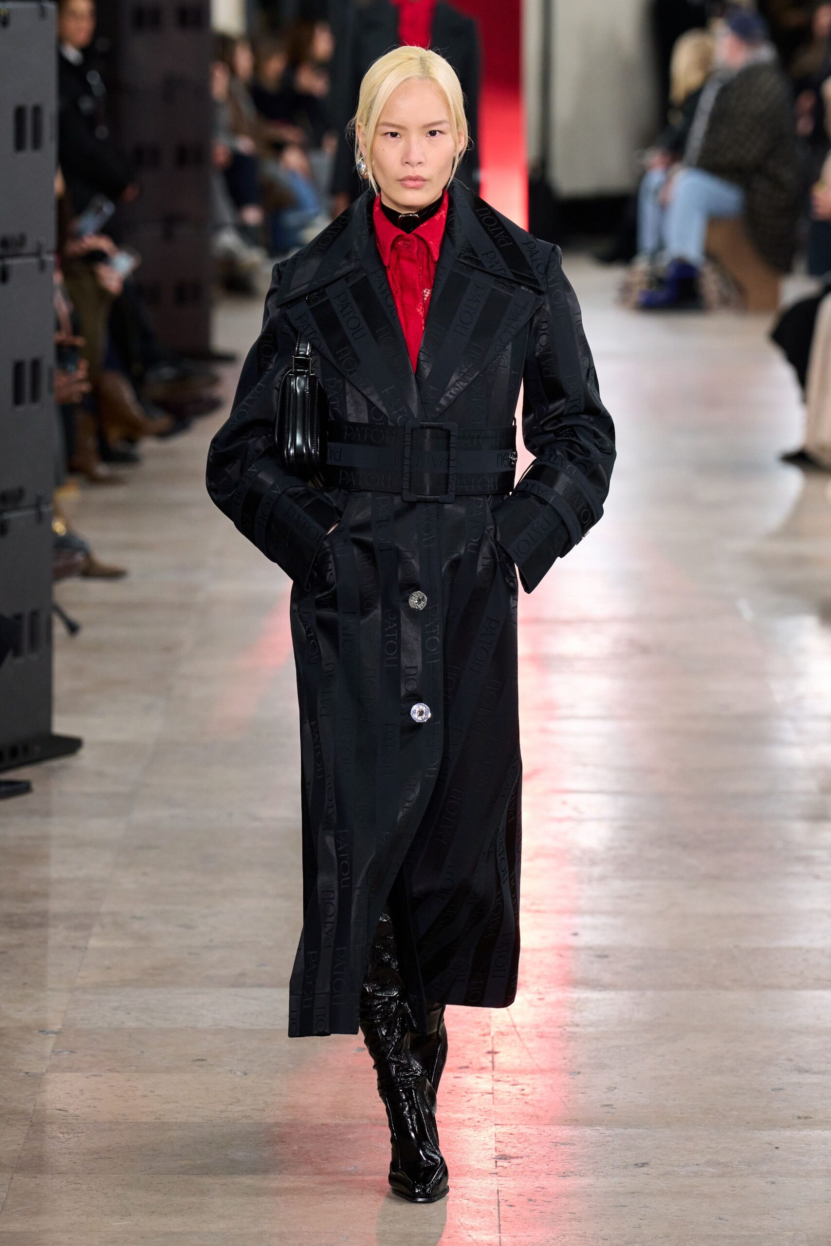 black cotton long-sleeve collared fitted buttoned zippered trench