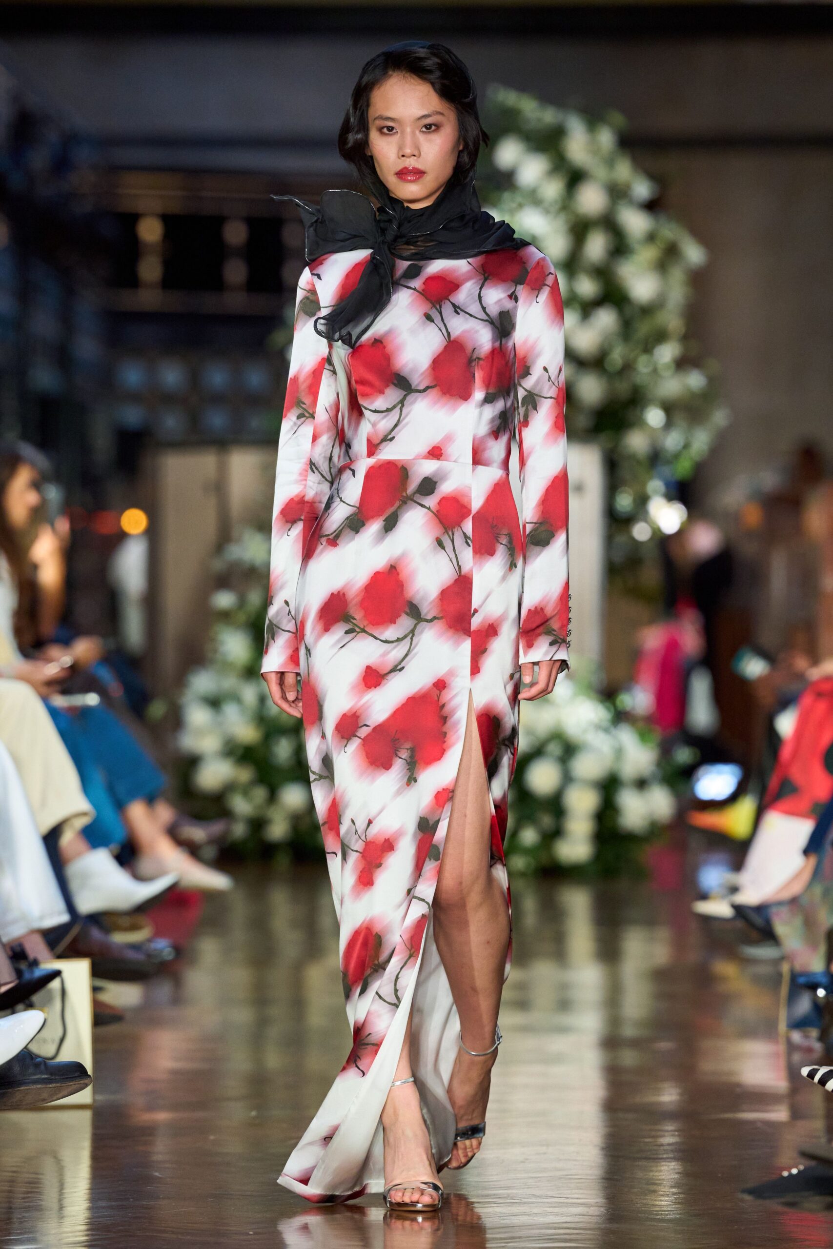 red silk long-sleeve v-neck fitted floral layered gown