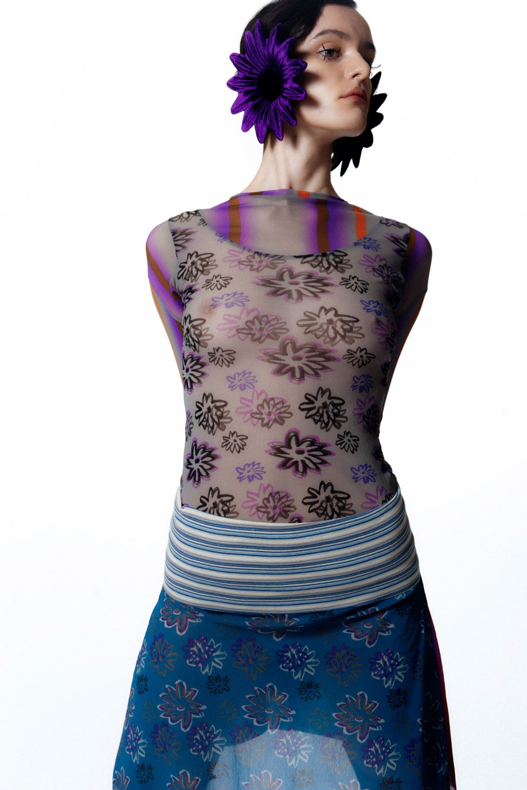 multi floral mesh top and blue skirt