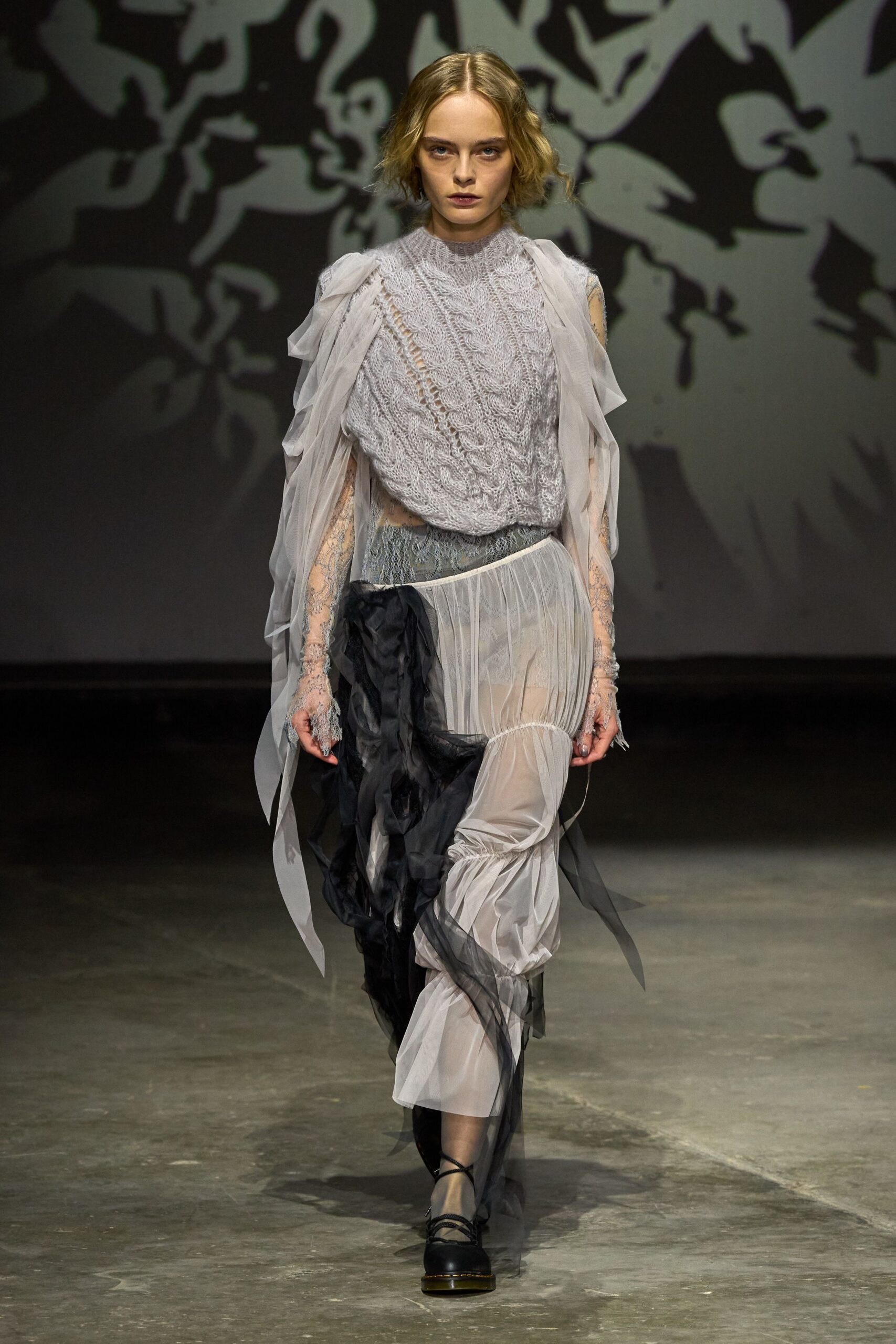 gray silk long-sleeve v-neck fitted pleated layered dress