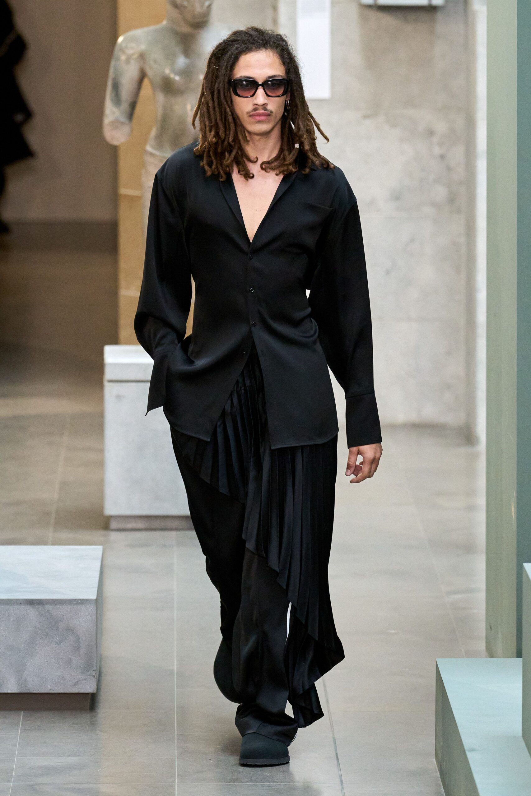 black silk long-sleeve v-neck relaxed buttoned draped shirt
