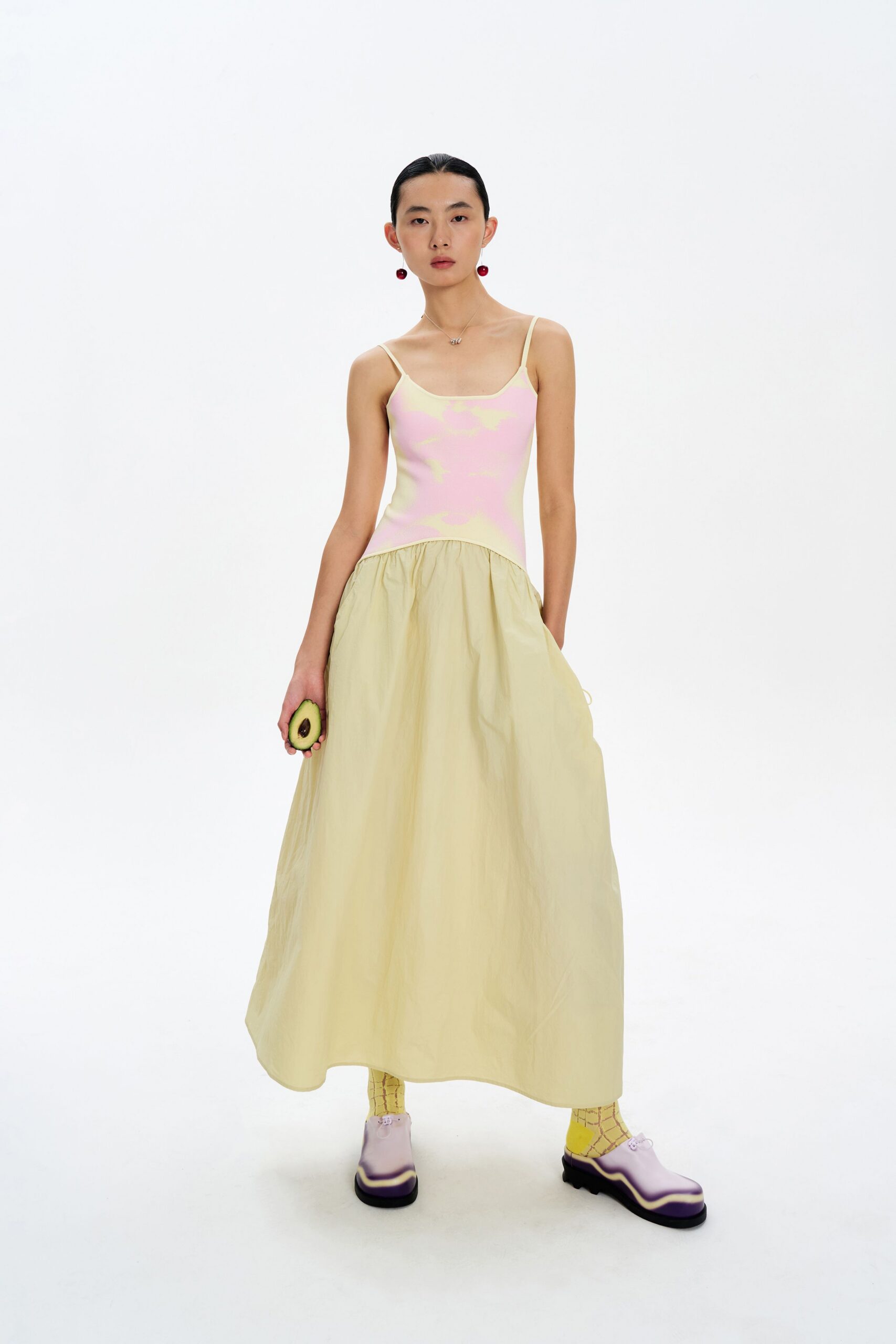 pink and yellow maxi dress with shoes