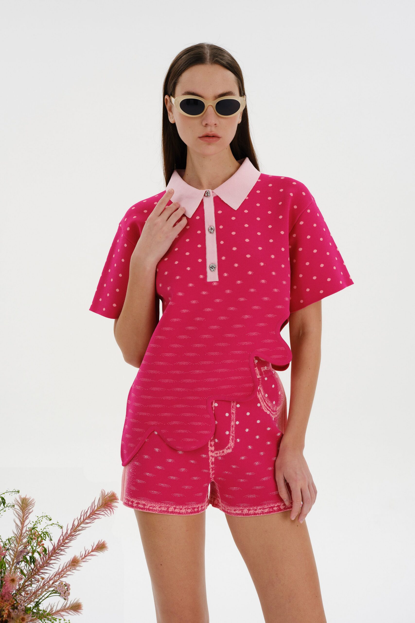 pink cotton short-sleeve collared relaxed polka-dot shirt