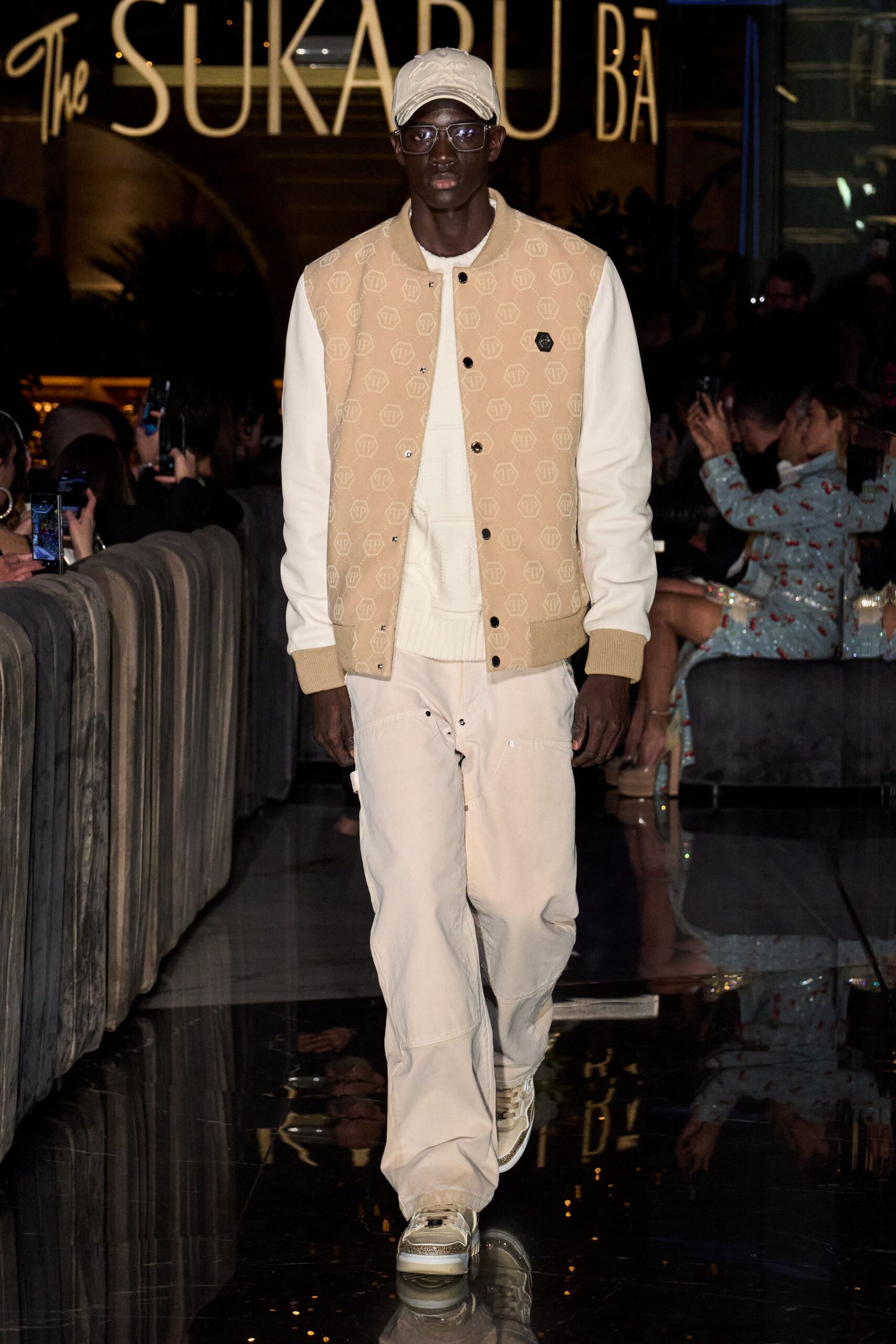 beige relaxed jacket with white sweater