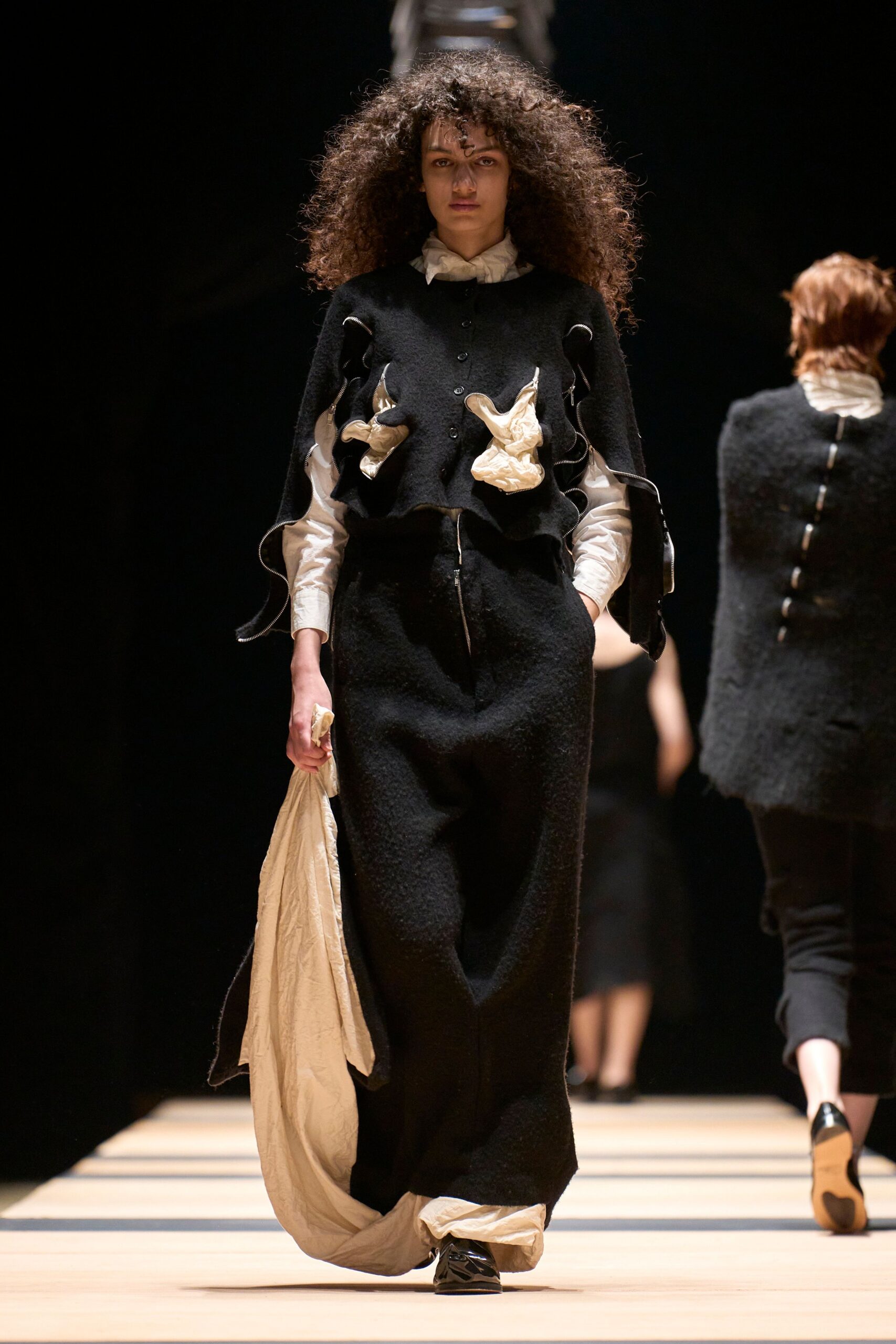 black wool long-sleeve collared relaxed layered top