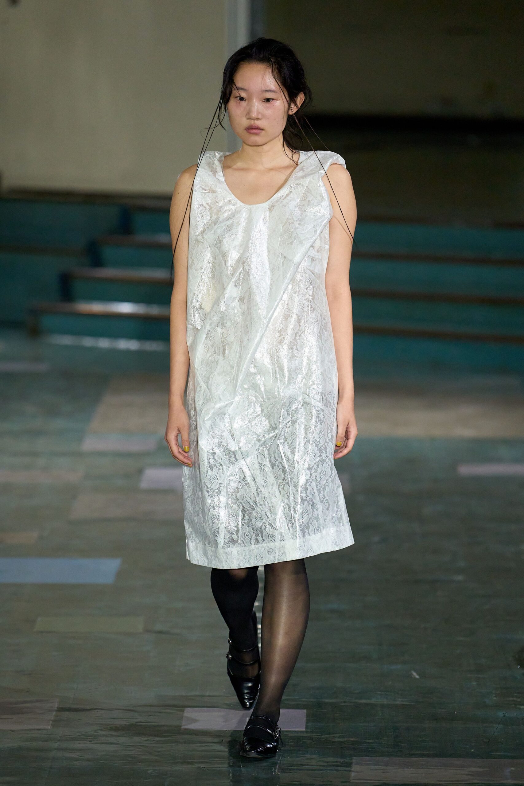white silk sleeveless v-neck fitted draped sheer dress