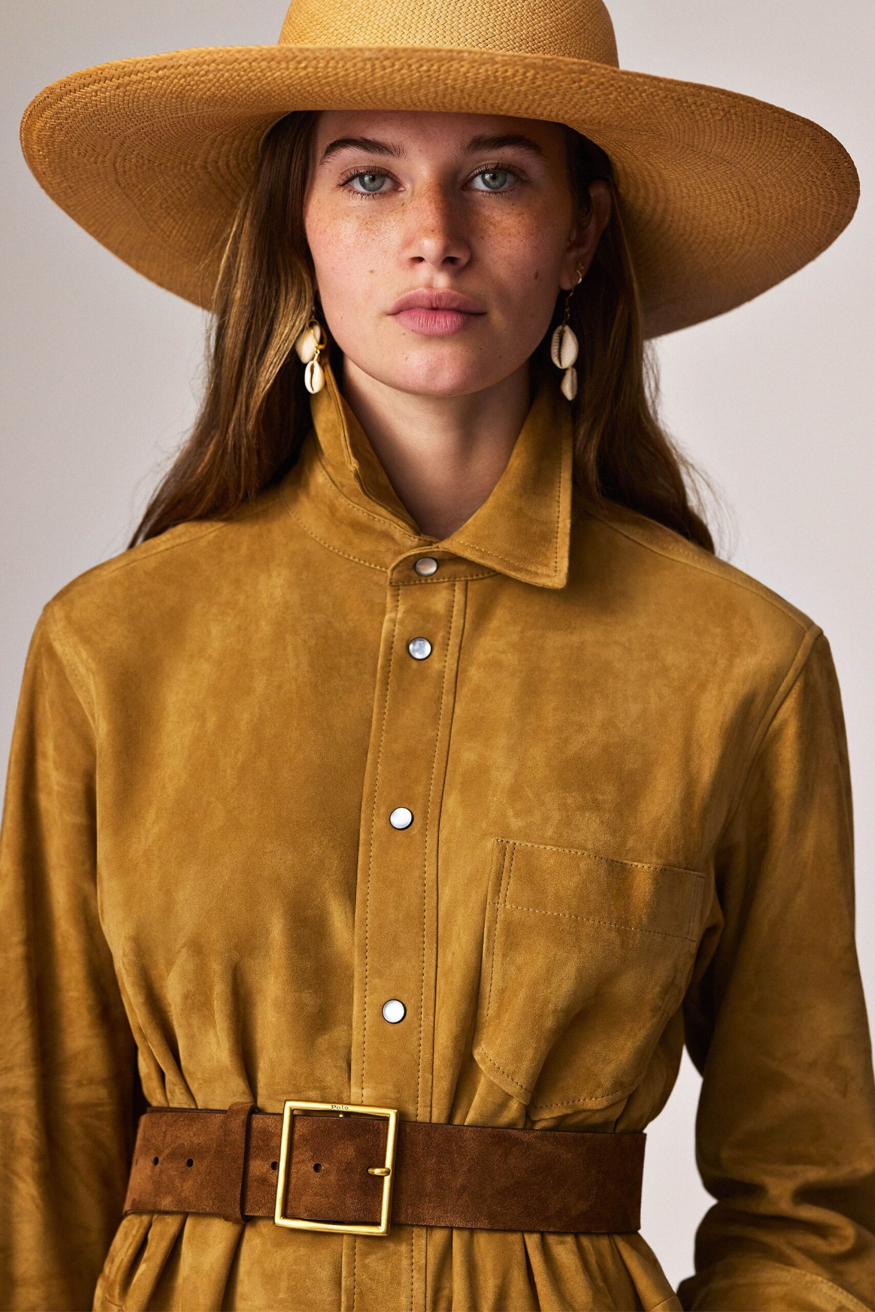 brown suede long-sleeve collared fitted buttoned pockets dress