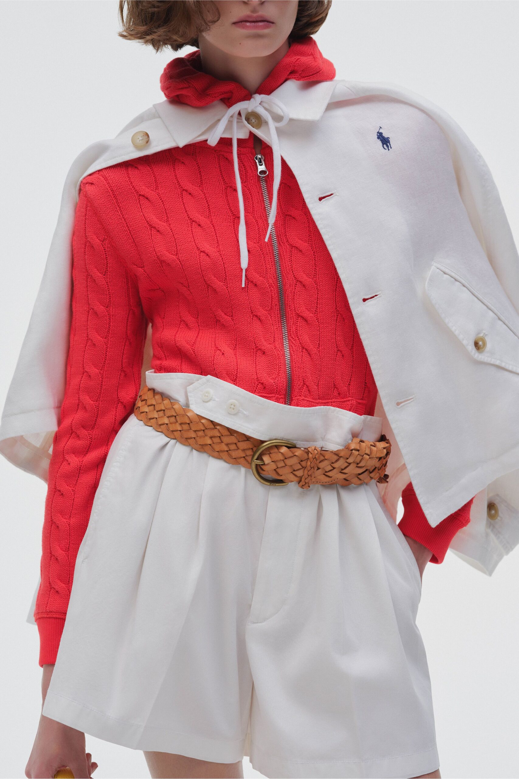 white cotton long-sleeve collared structured buttoned jacket