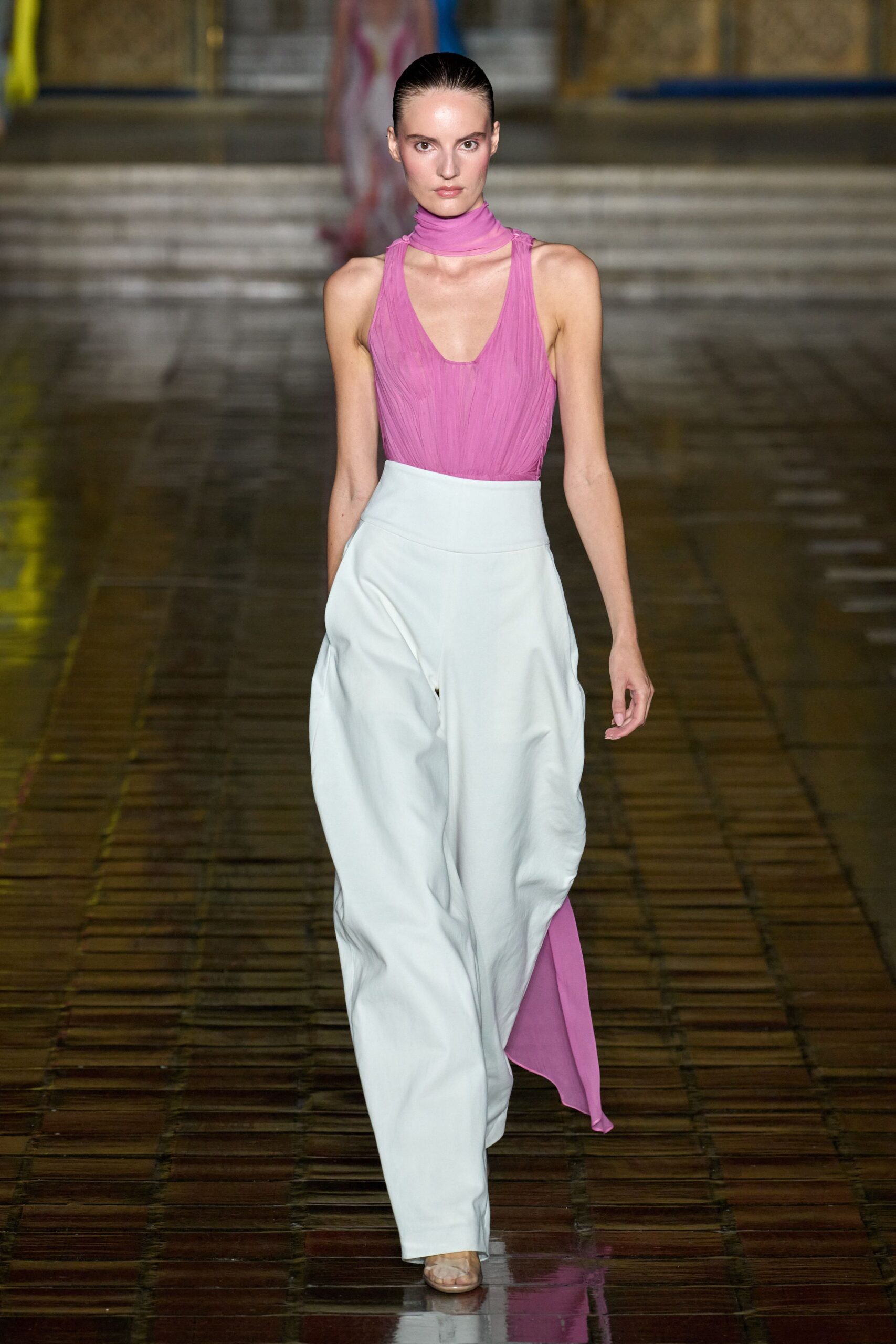 pink silk top white wide-leg pants