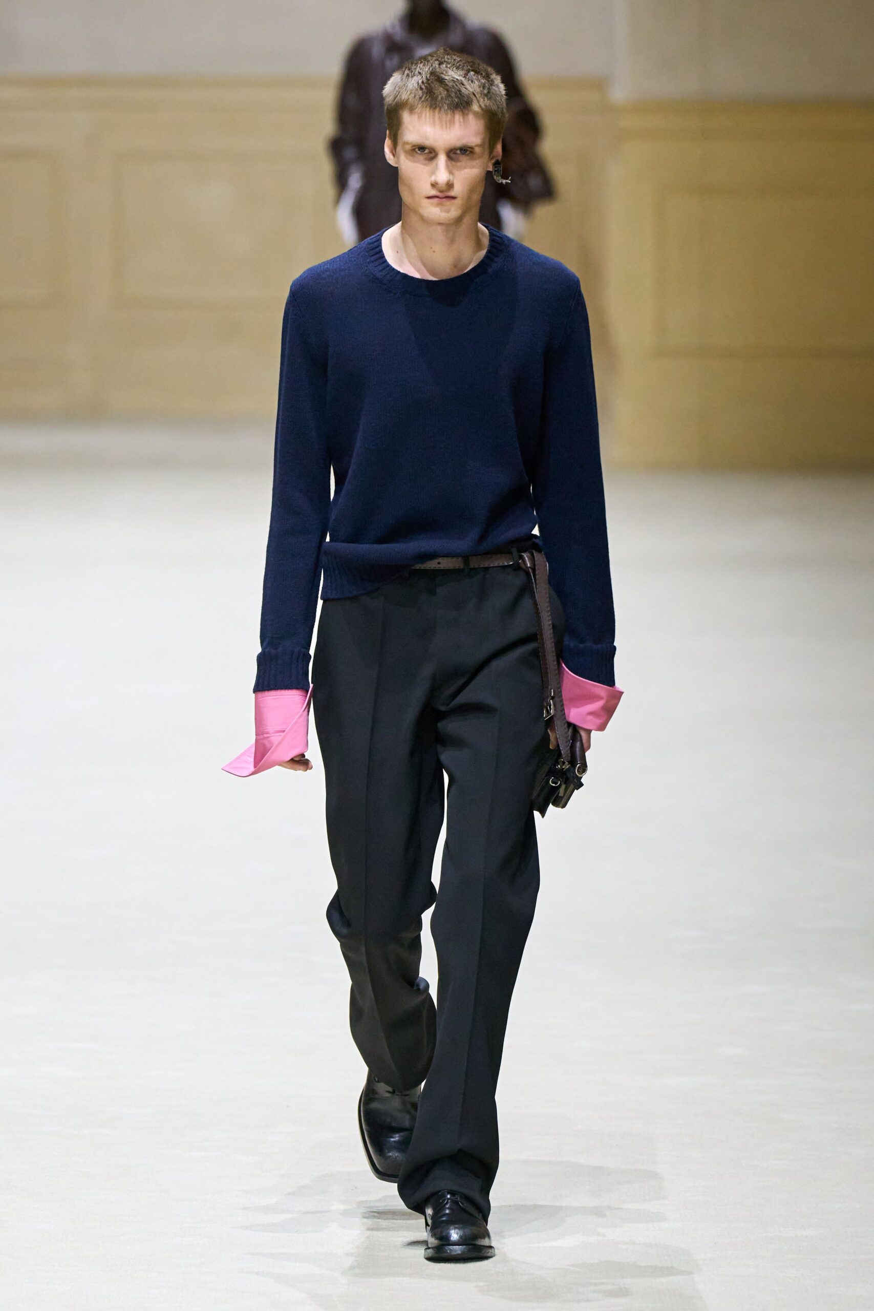 navy sweater black pants